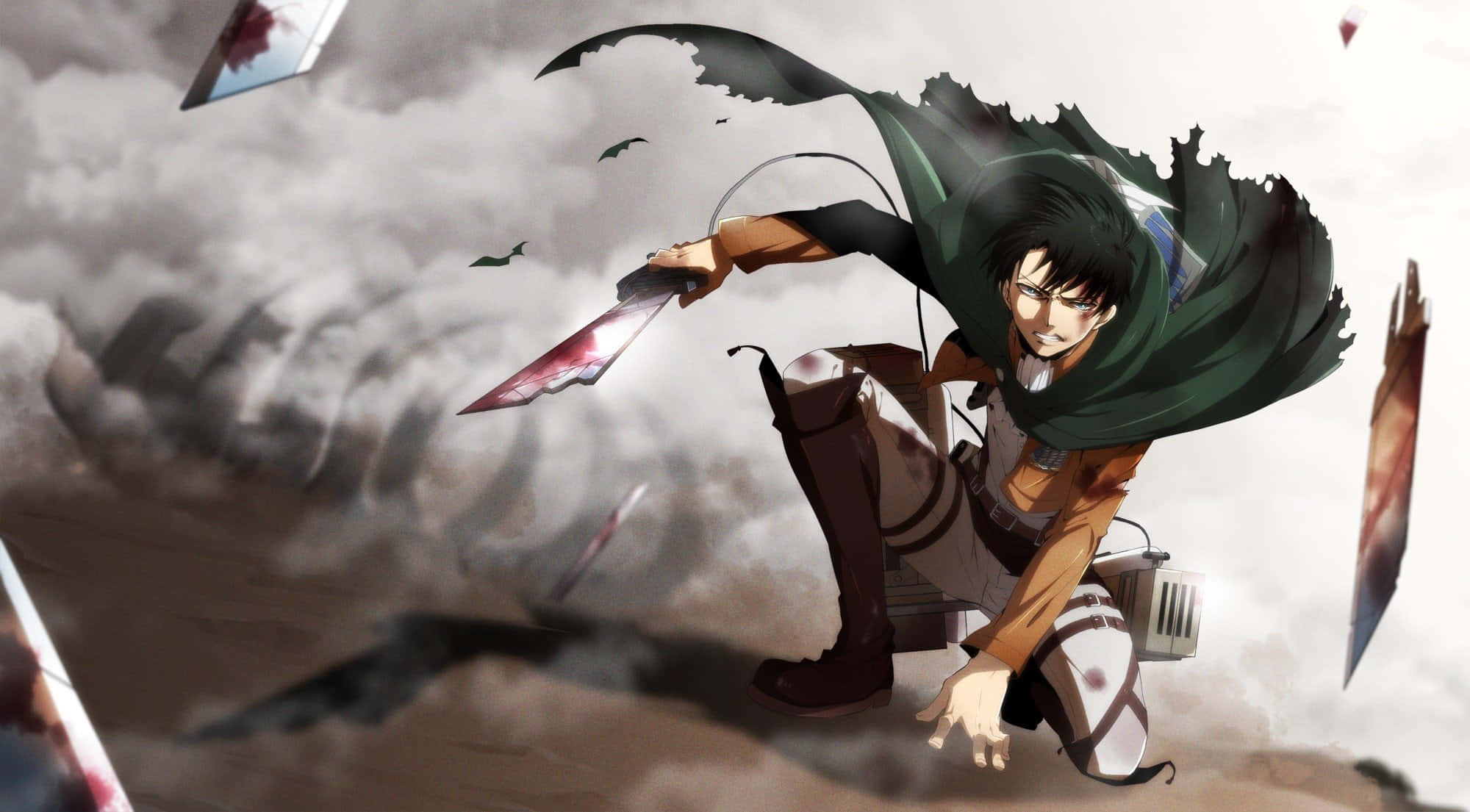 Levi Ackerman, green cloak, bloodied sword, Full HD Desktop Wallpaper