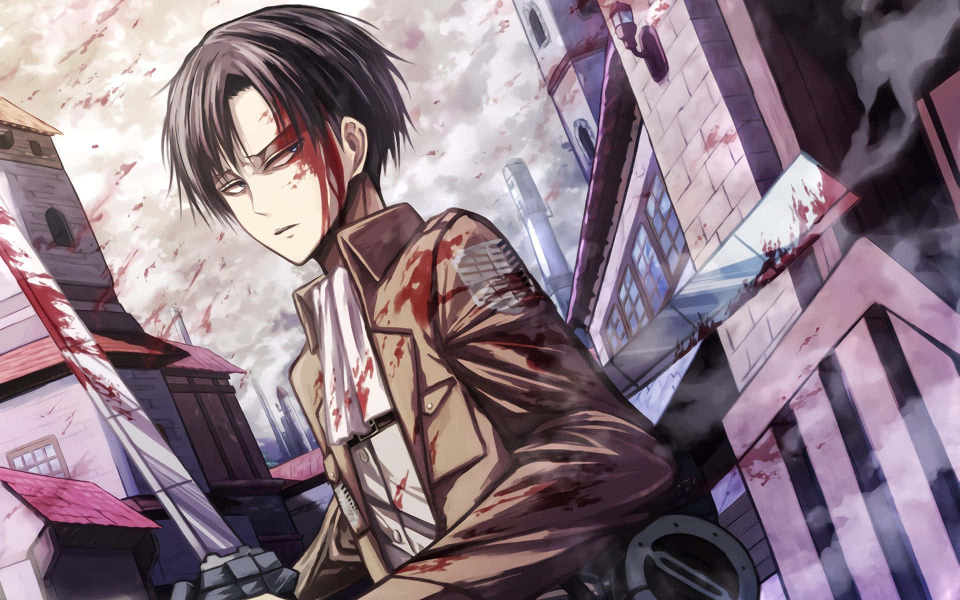 Levi Ackerman, anime soldier, war-torn cityscape, Full HD Desktop Wallpaper