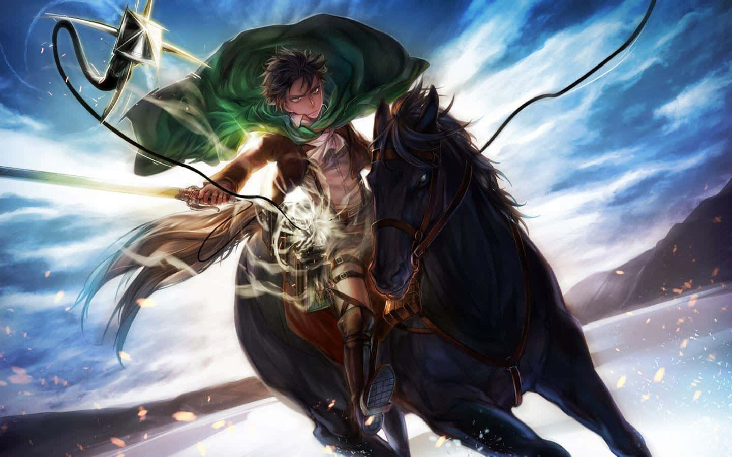 Levi Ackerman, black horse, glowing sword, HD Desktop Wallpaper