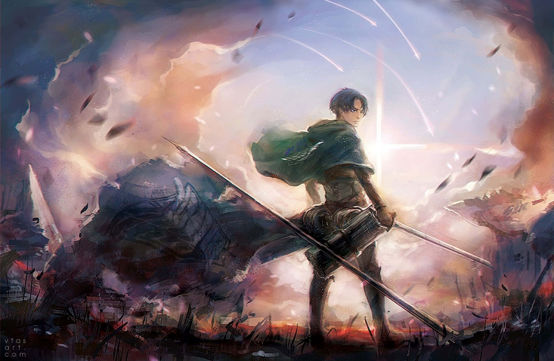 Levi Ackerman, green cloak, crossed swords, Full HD Desktop Wallpaper