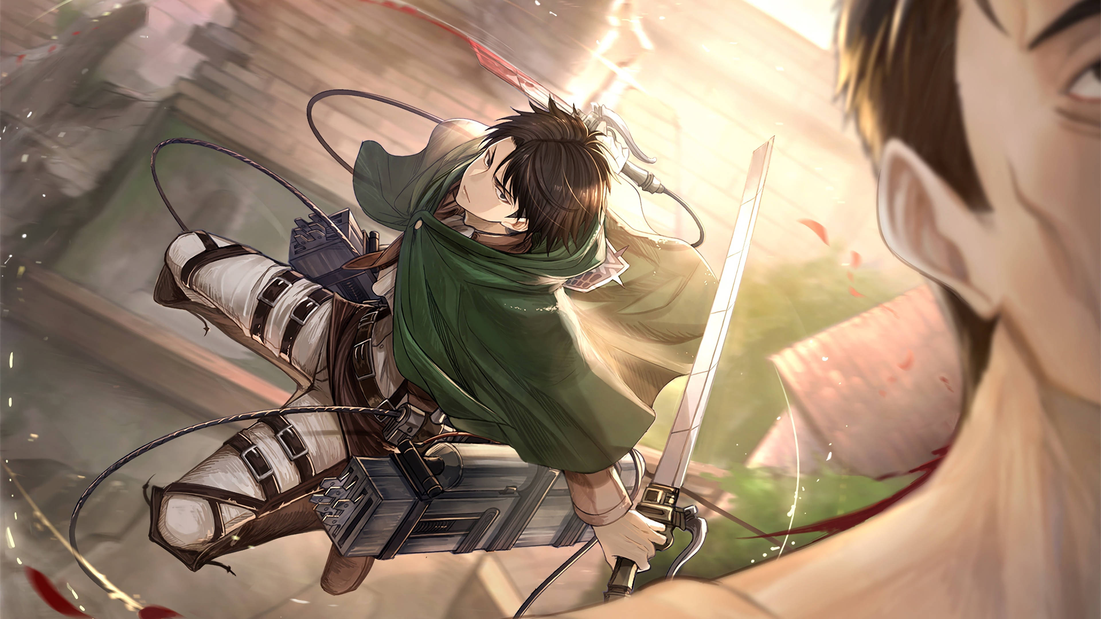 Levi Ackerman, green cloak, sword, 4K Desktop Wallpaper