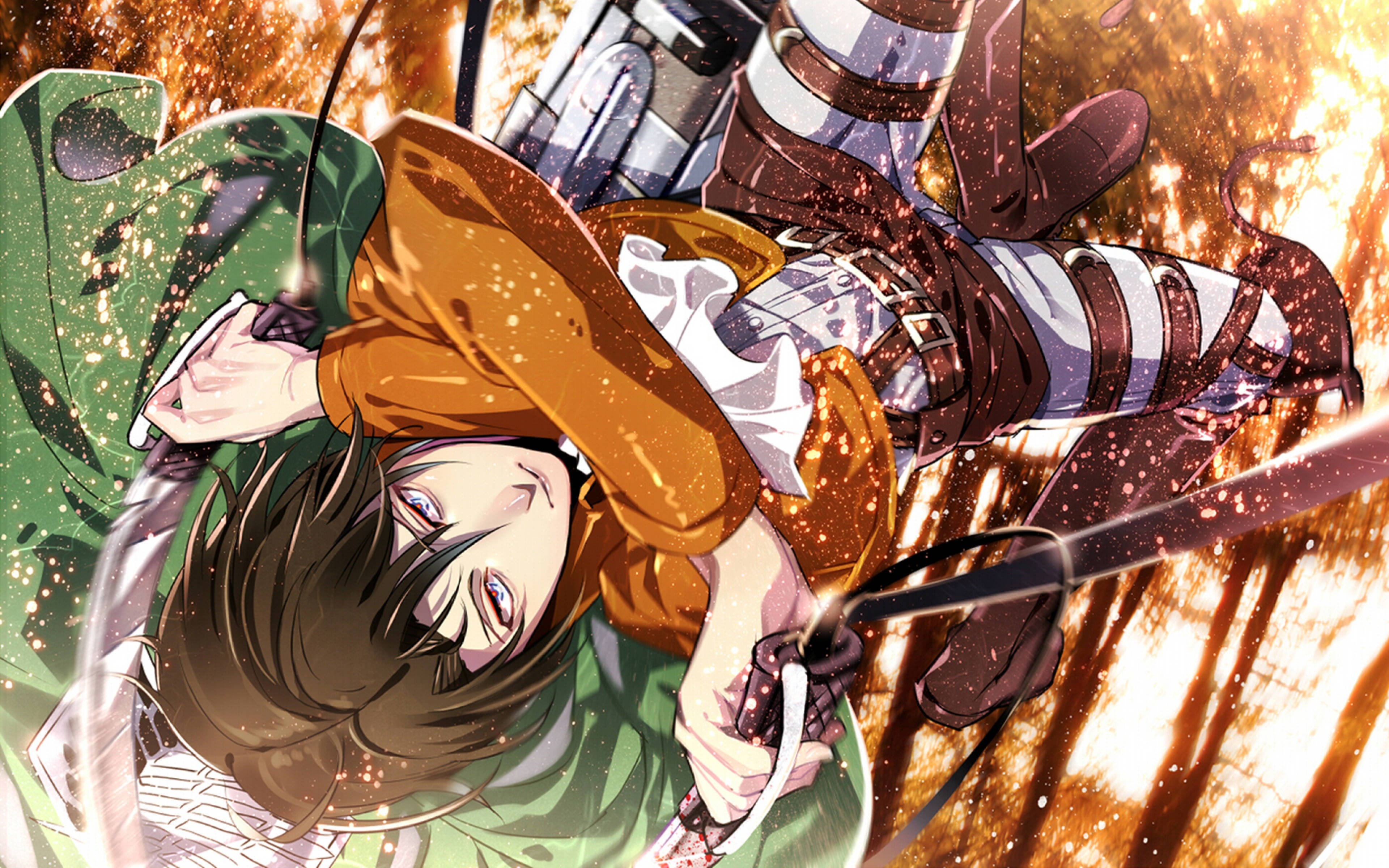 Levi Ackerman, green and brown gear, fiery sparks, 4K Desktop Wallpaper