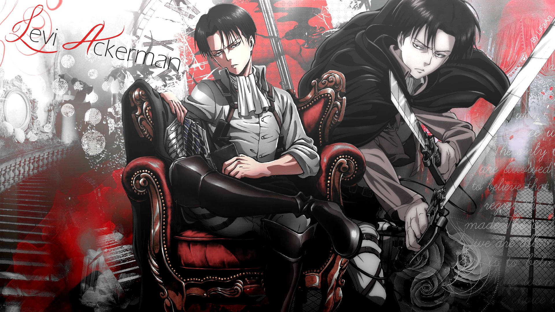 Levi Ackerman, red chair, sword, Full HD Desktop Wallpaper
