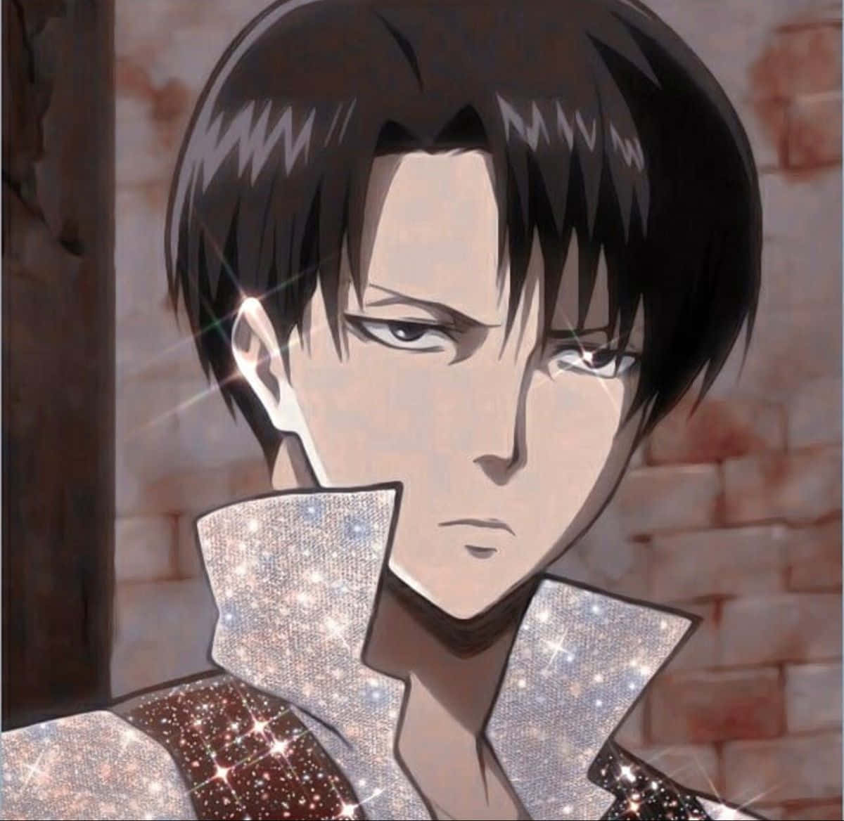 Levi Ackerman, sparkling silver collar, brick wall, SD Desktop Wallpaper