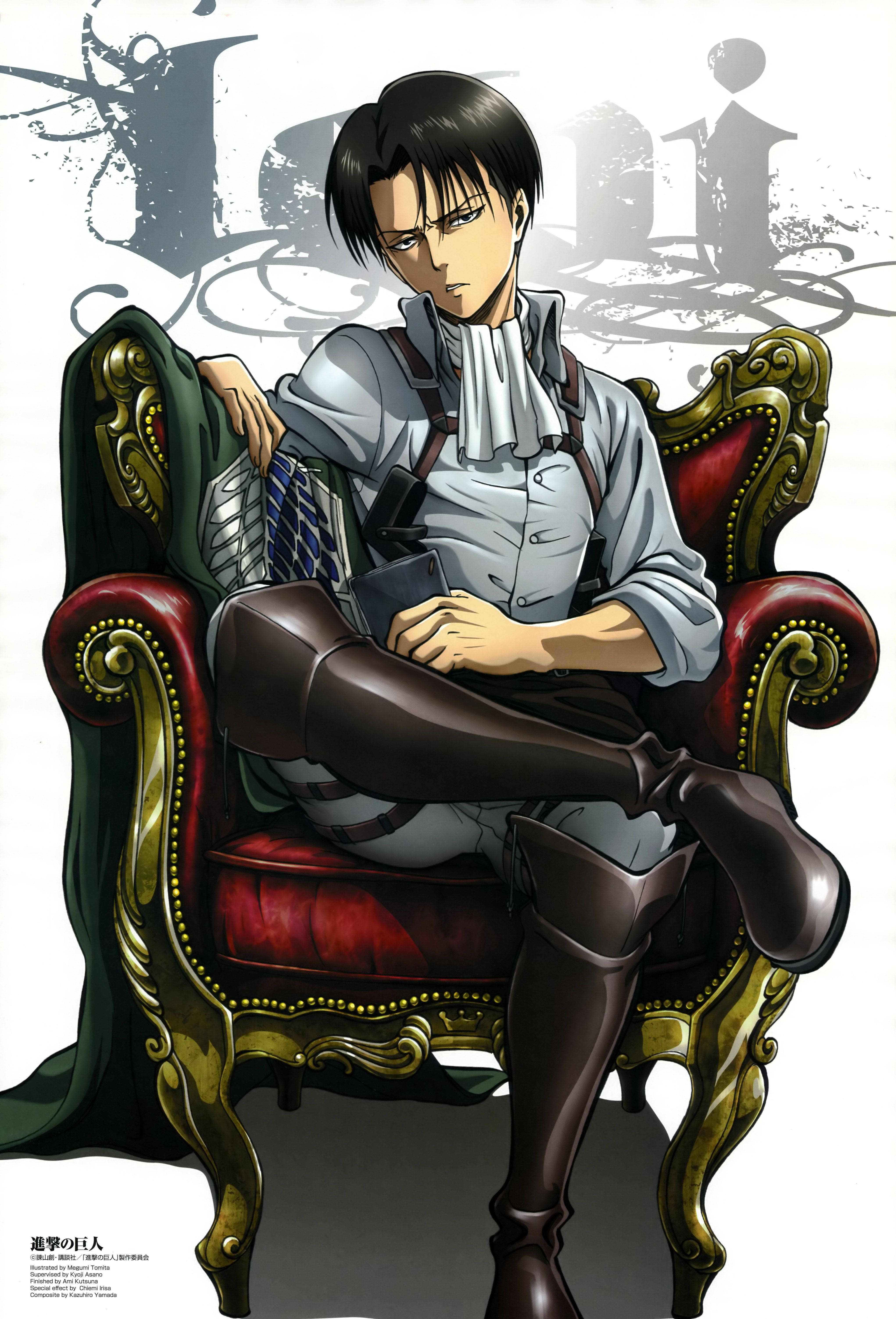 Levi Ackerman, red and gold ornate chair, white shirt, 5K Phone Wallpaper
