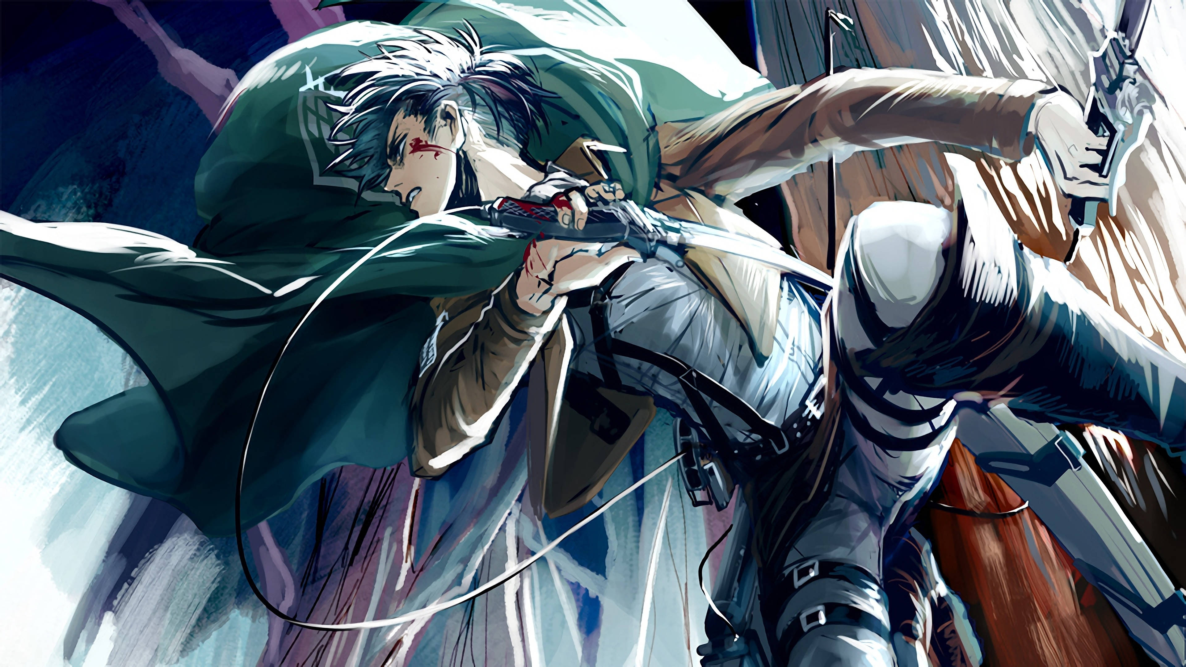 Levi Ackerman, white hair, green cloak, 4K Desktop Wallpaper