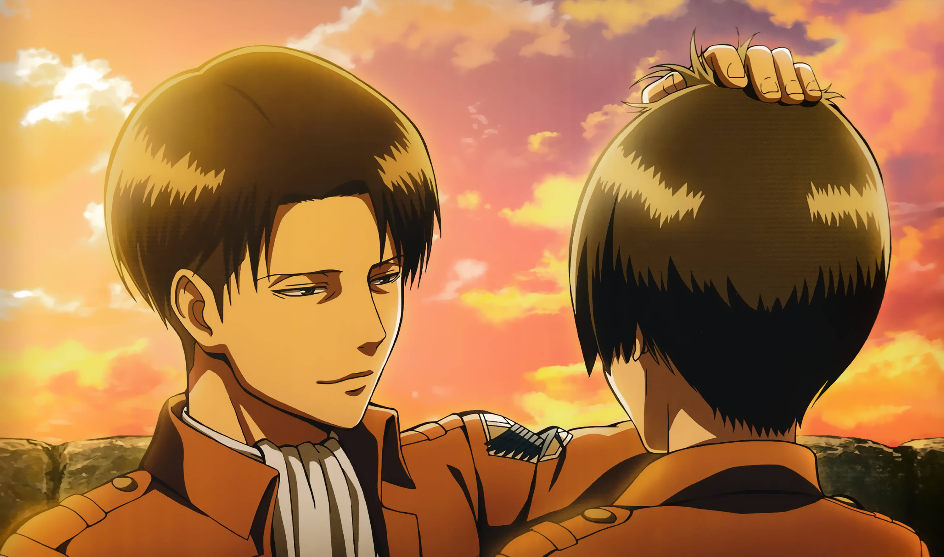 Levi Aesthetic, orange uniforms, tender moment, 2K Desktop Wallpaper