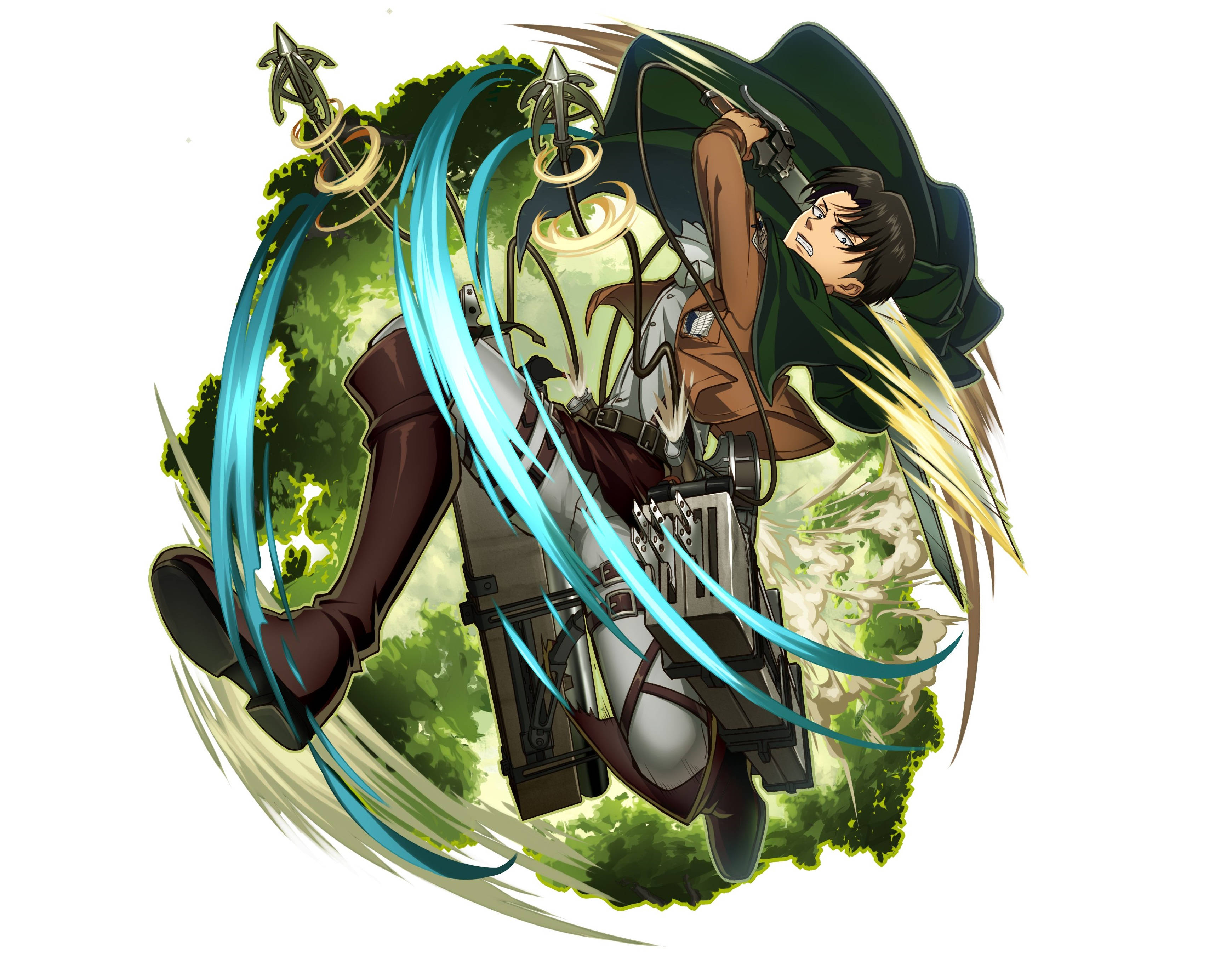 Levi Aesthetic, green cloak, glowing blue ropes, 2K Desktop Wallpaper