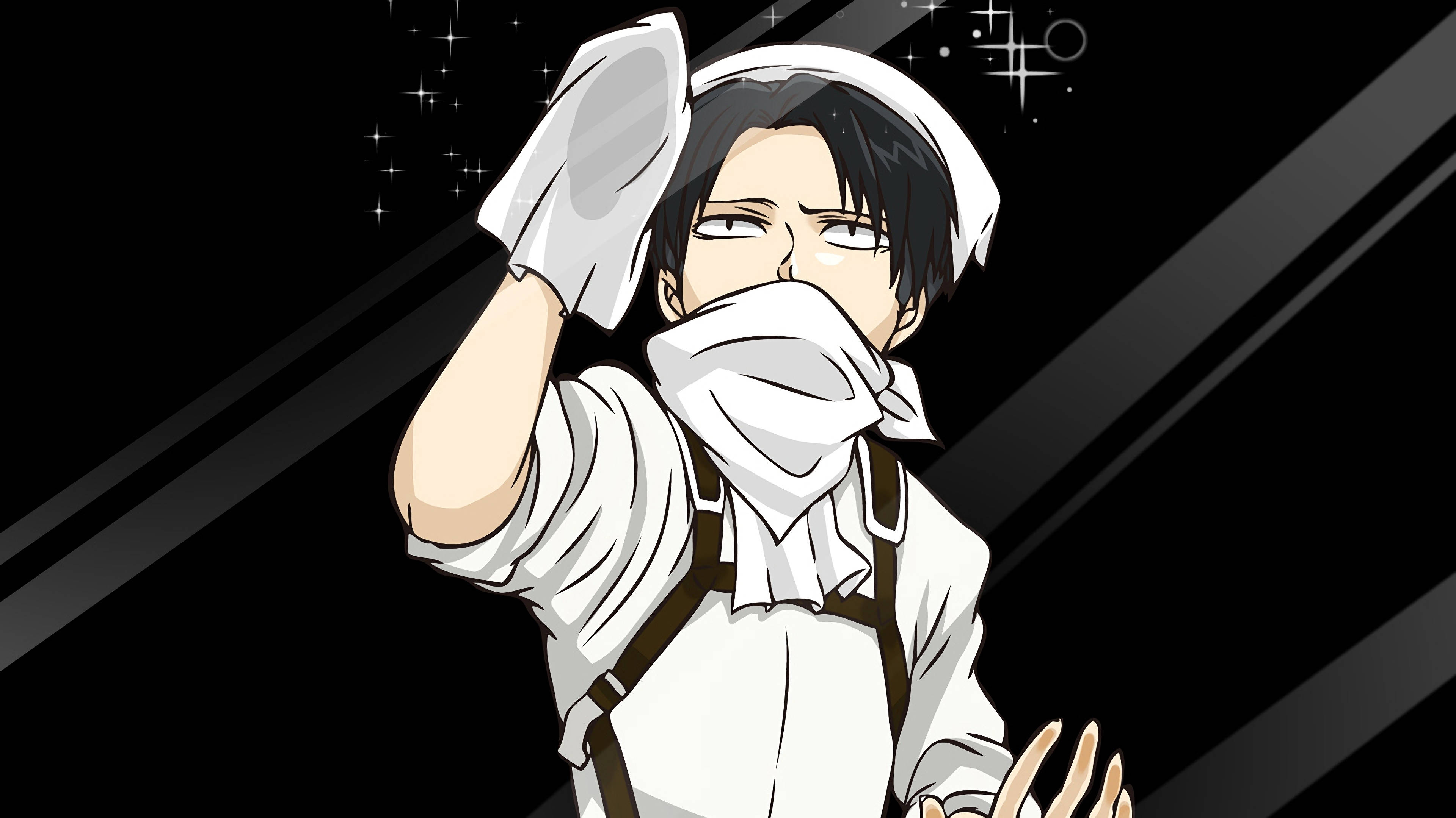 Levi Aesthetic, white maid outfit, dark diagonal striped background, 4K Desktop Wallpaper