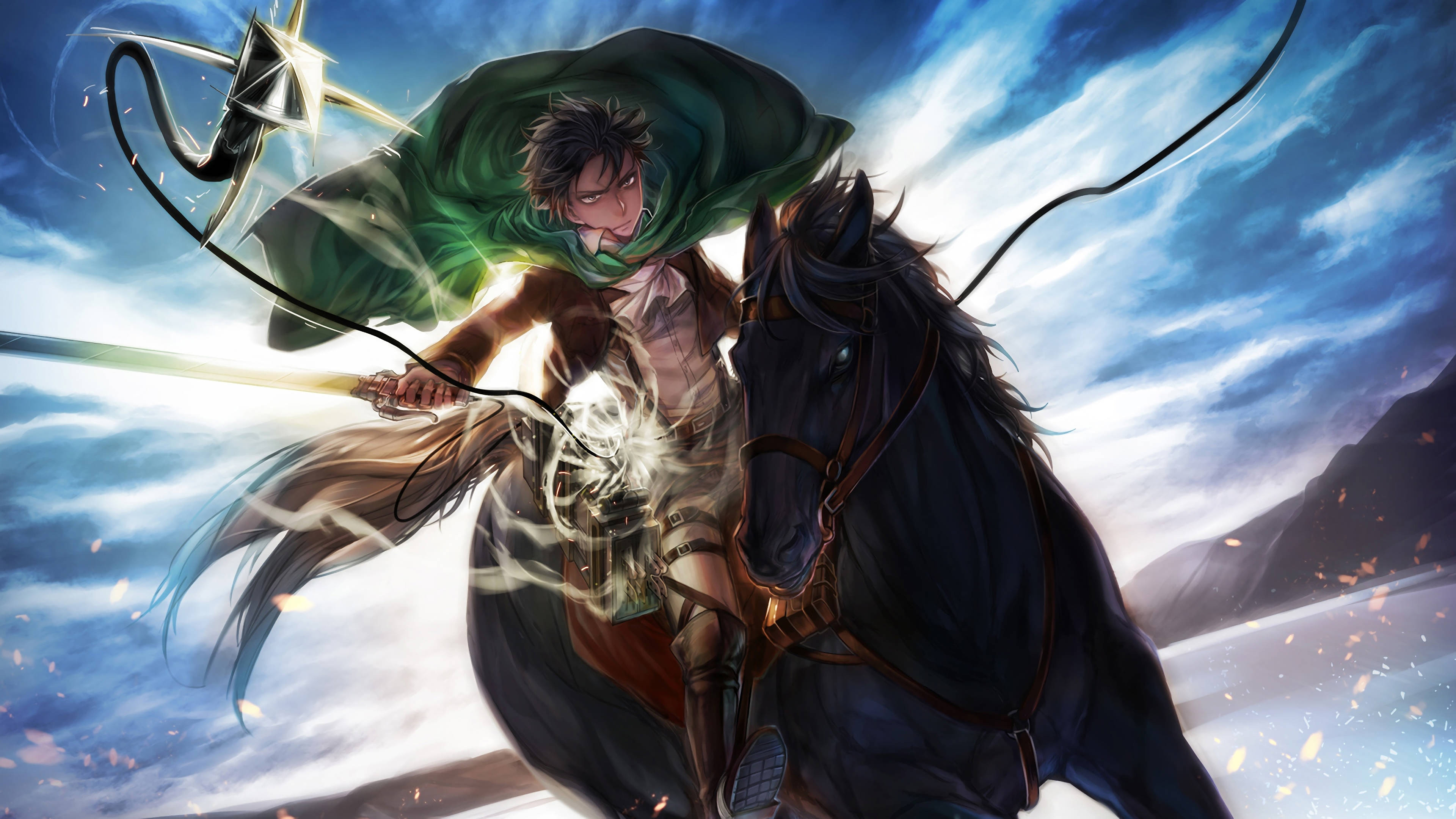 Levi, dark horse, glowing sword, 4K Desktop Wallpaper
