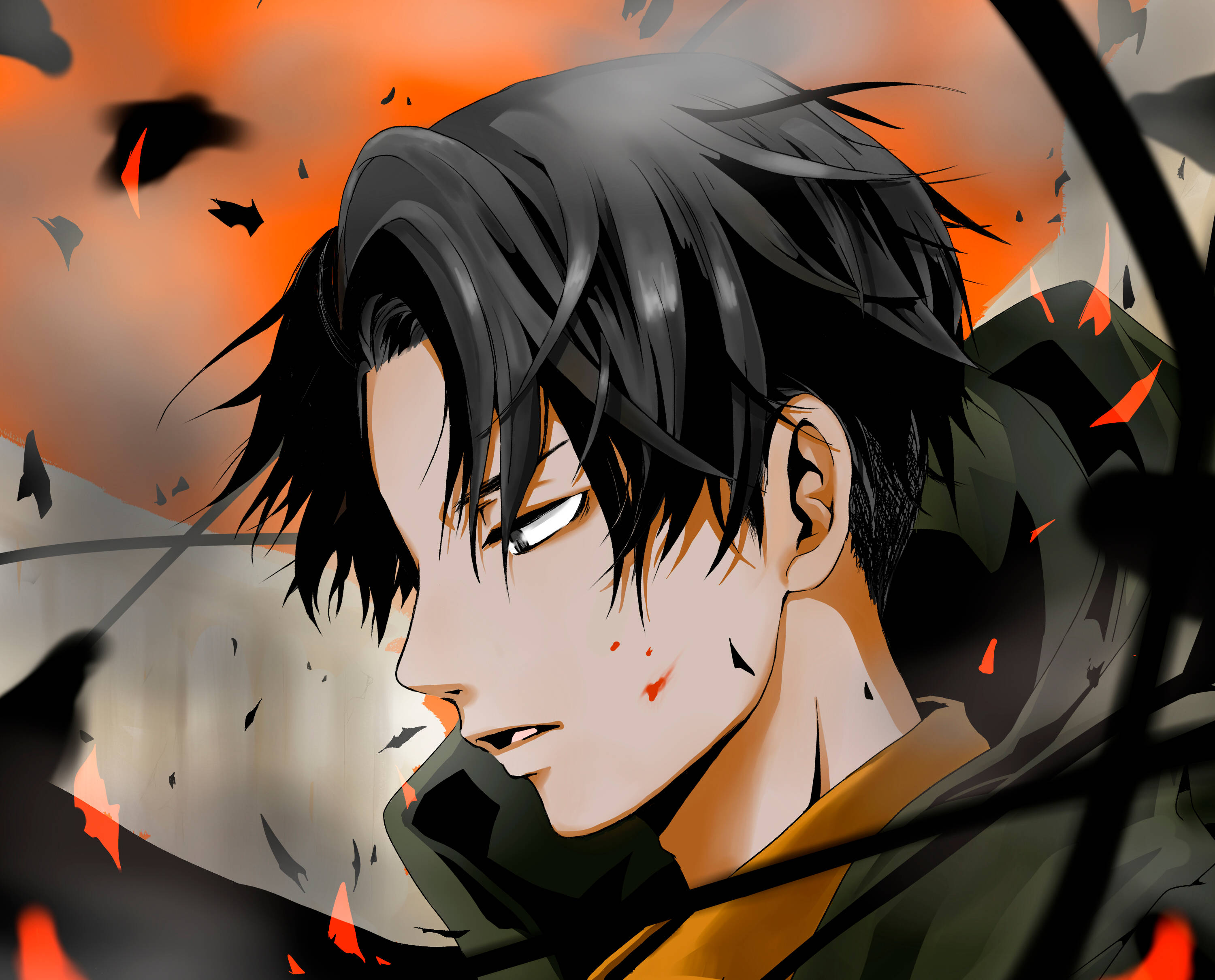 Fiery Levi Aesthetic, anime male, black hair, 2K Desktop Wallpaper