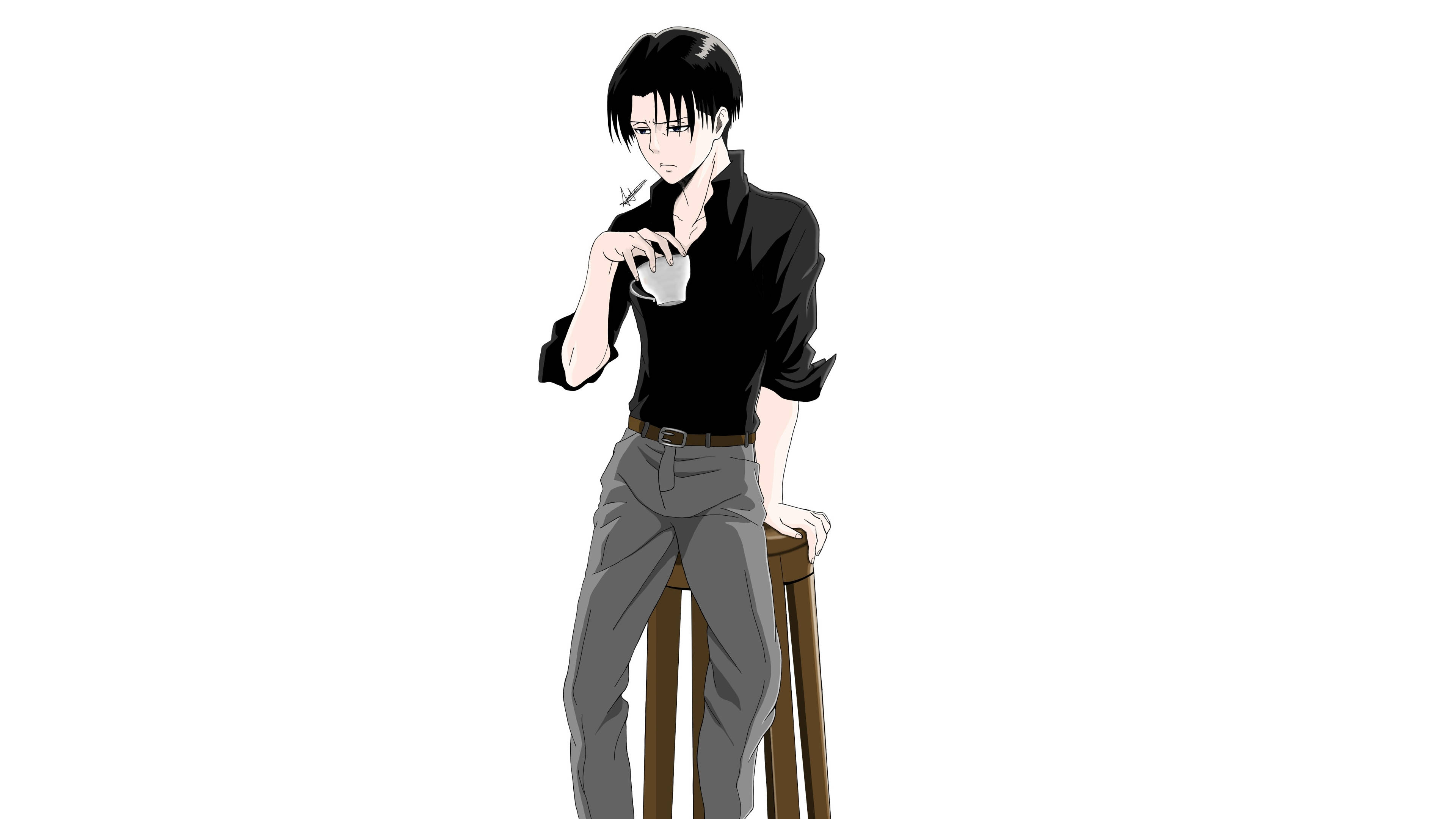 Levi, white background, black hair, 4K Desktop Wallpaper