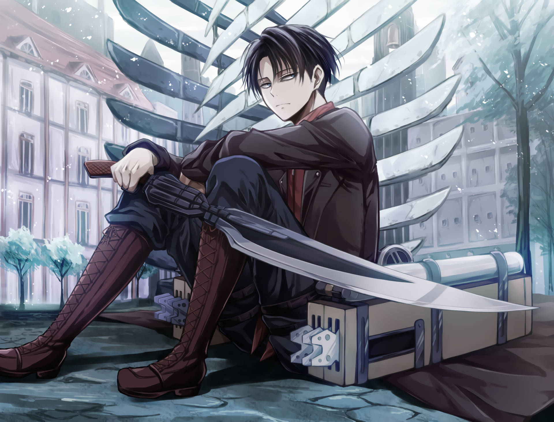 Levi Aesthetic, giant blades, snowy urban alleyway, Full HD Desktop Wallpaper