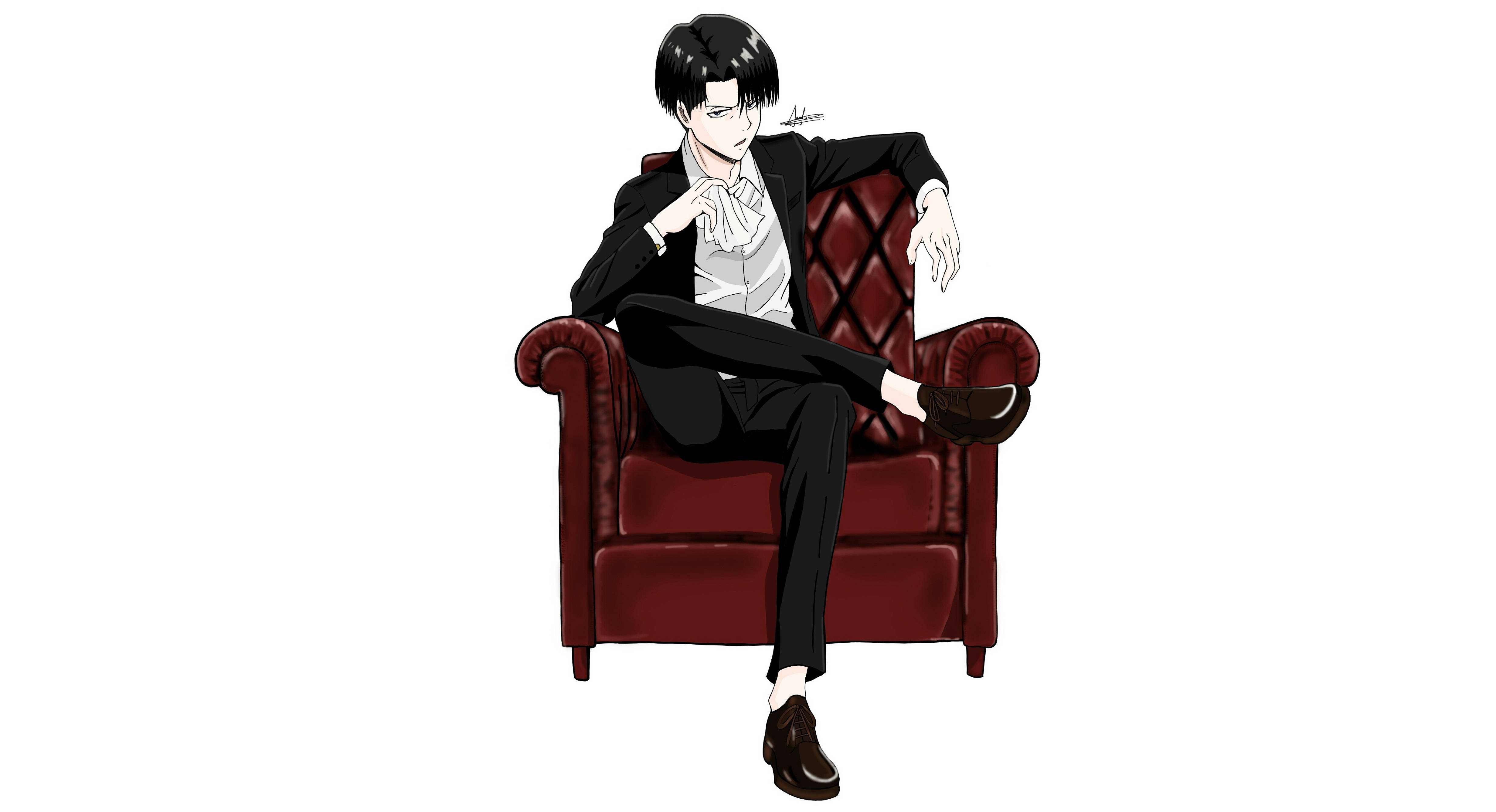 Levi, black suit, plush red leather armchair, 4K Desktop Wallpaper