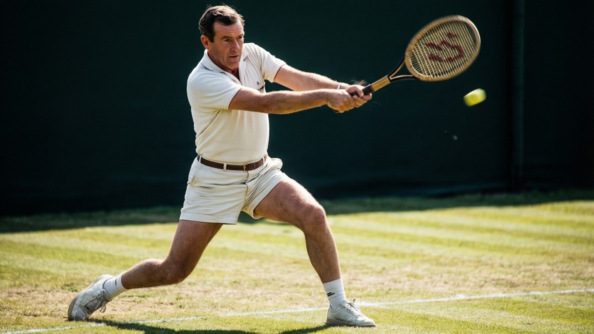 Lew Hoad, forehand power drive, white attire, Full HD Desktop Wallpaper