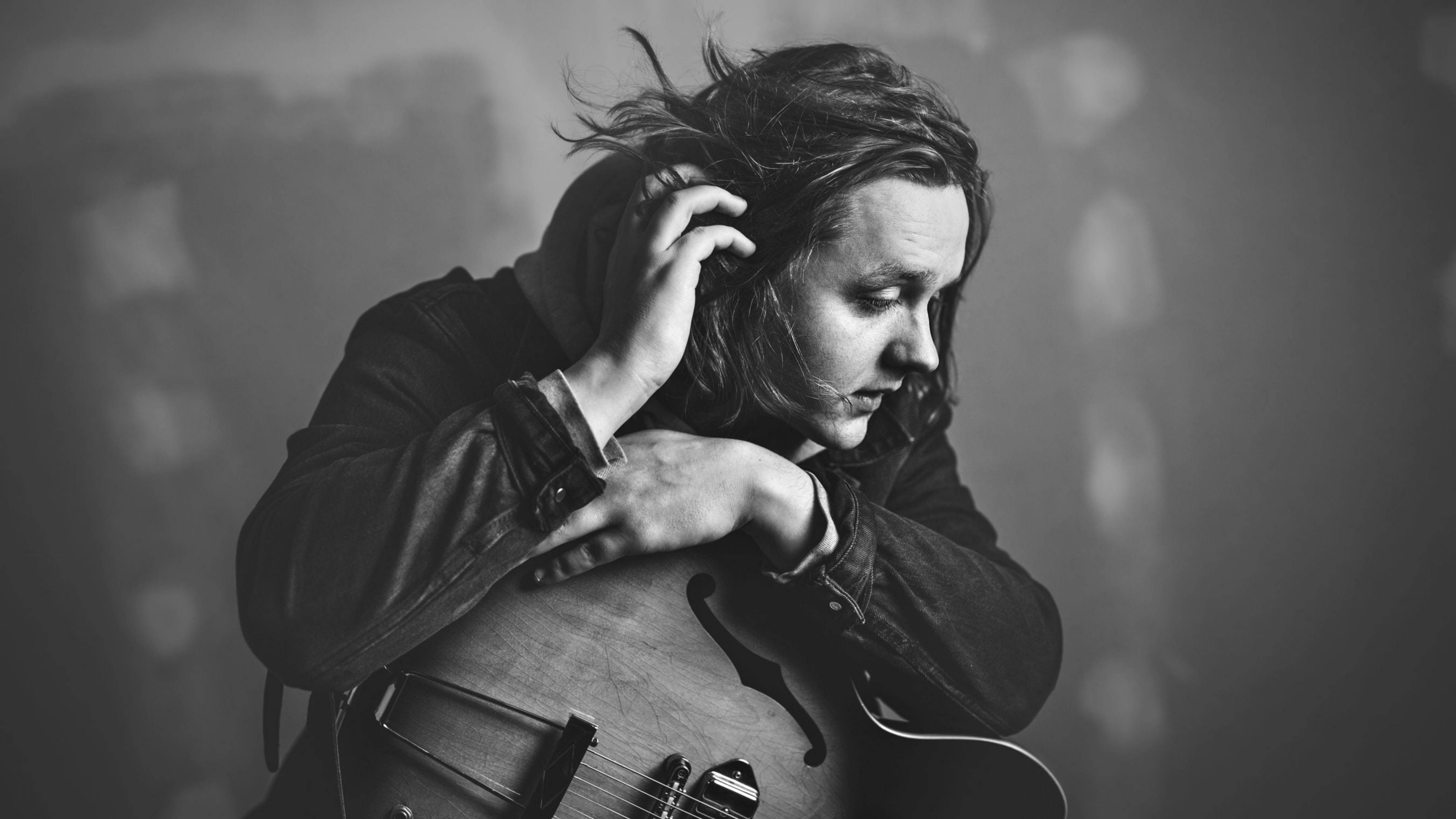 Lewis Capaldi, hollow body guitar, grayscale photography, 5K Desktop Wallpaper