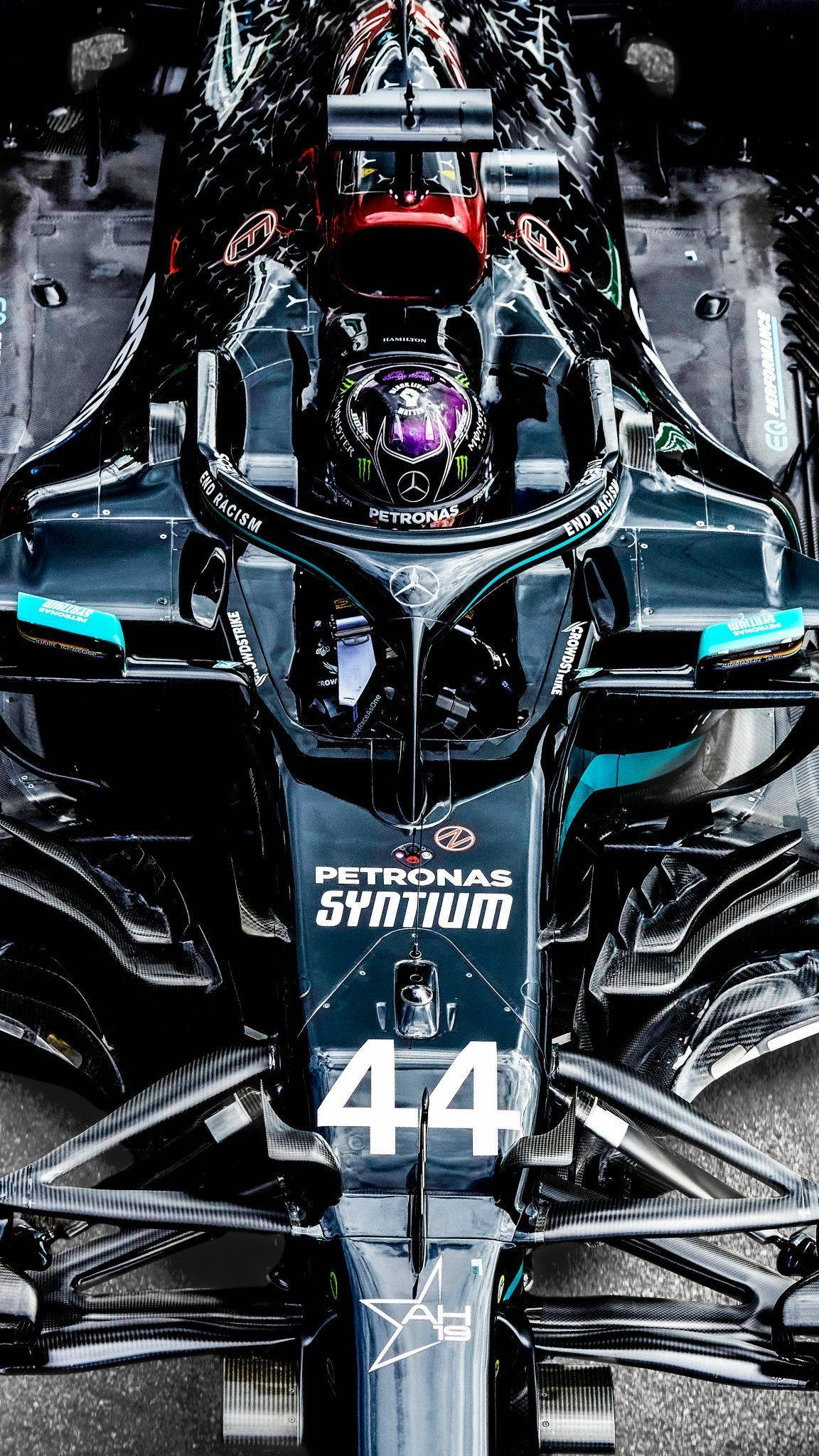 Lewis Hamilton, black and teal Formula 1 car, purple helmet, Full HD Phone Wallpaper