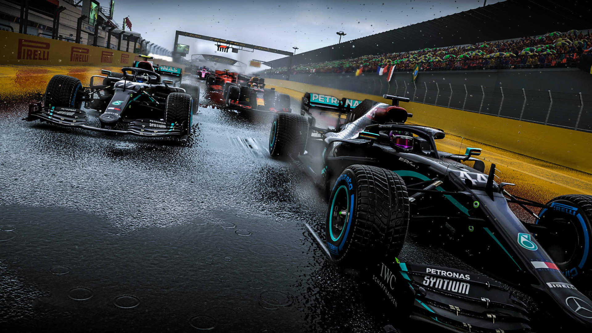Lewis Hamilton, F1 race cars, heavy rain, Full HD Desktop Wallpaper