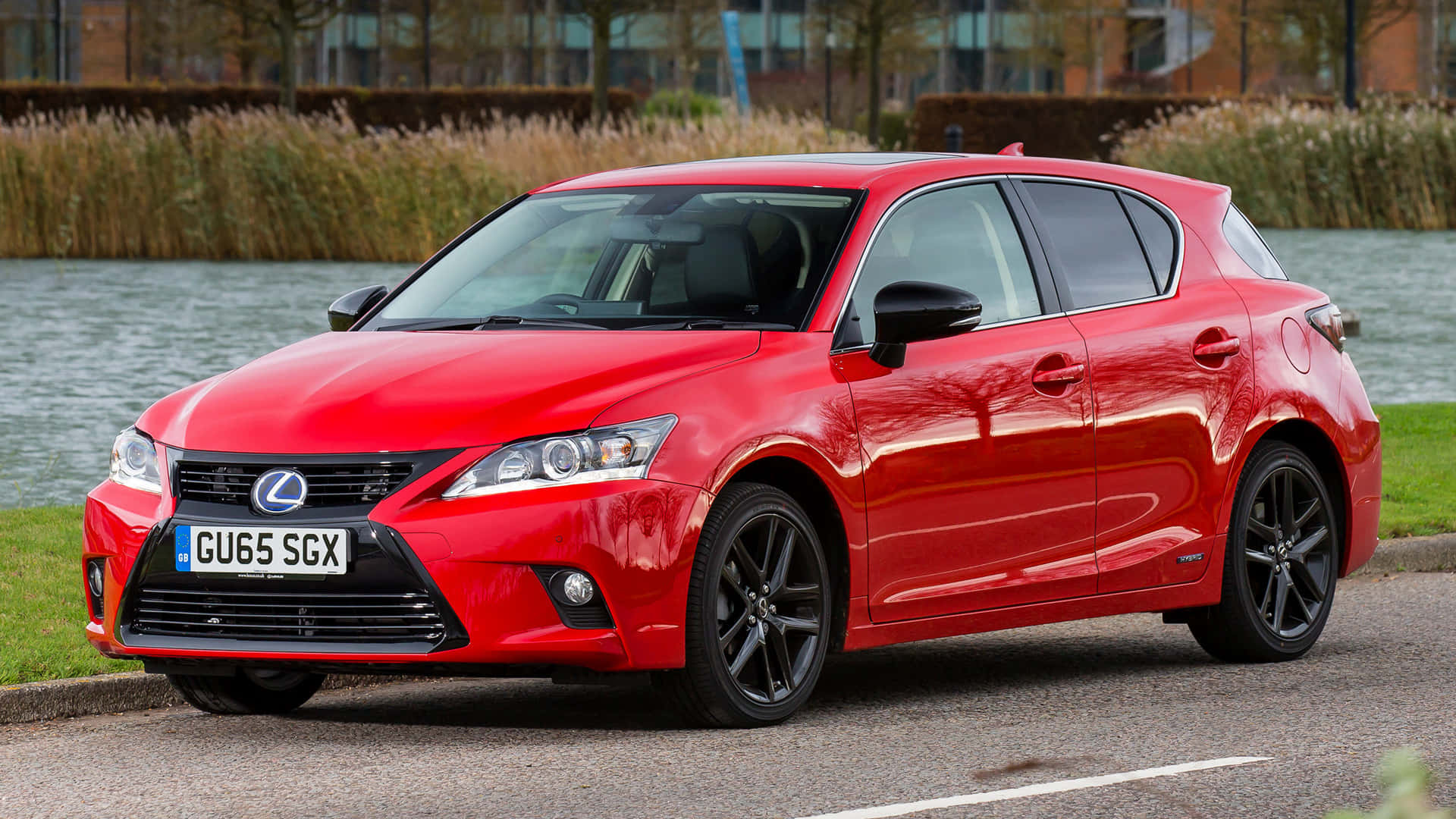 Lexus CT 200h, glossy red, calm waterway, Full HD Desktop Wallpaper