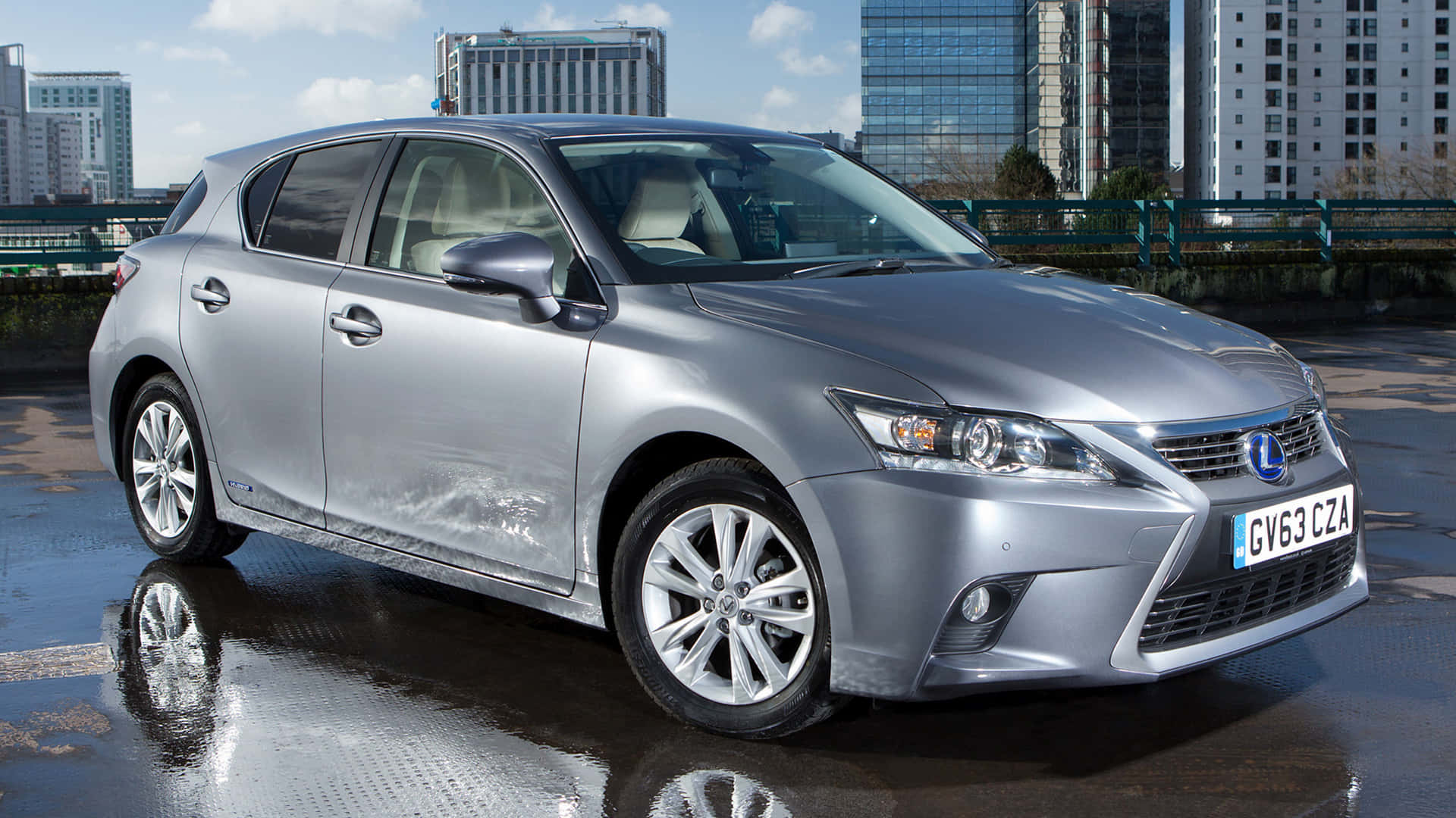Lexus CT 200h, silver, wet urban street, Full HD Desktop Wallpaper