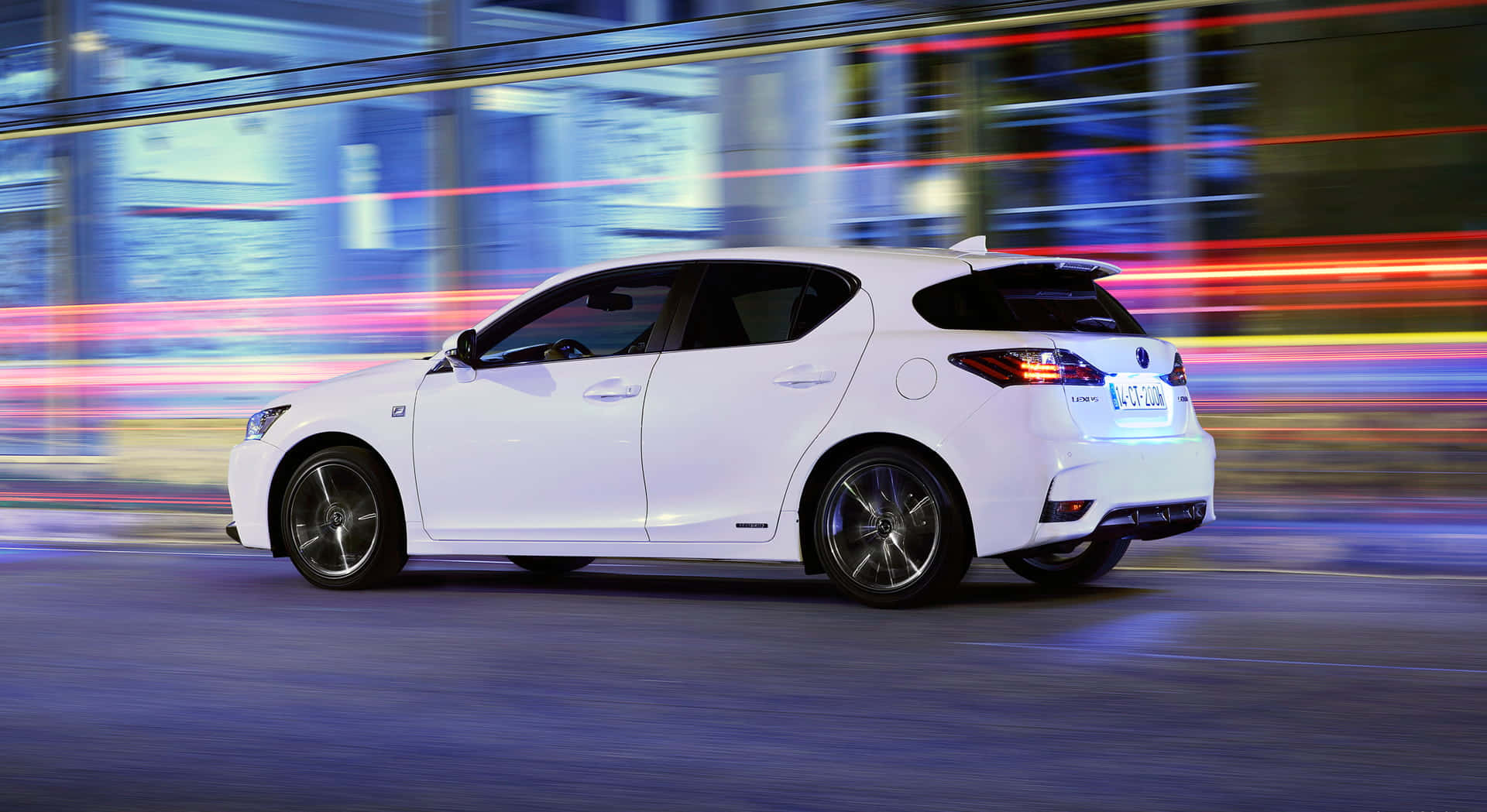 Lexus CT 200h, white, neon-lit city, Full HD Desktop Wallpaper