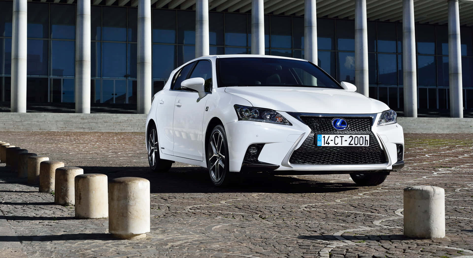 Lexus CT 200h, white, cobblestone plaza, Full HD Desktop Wallpaper