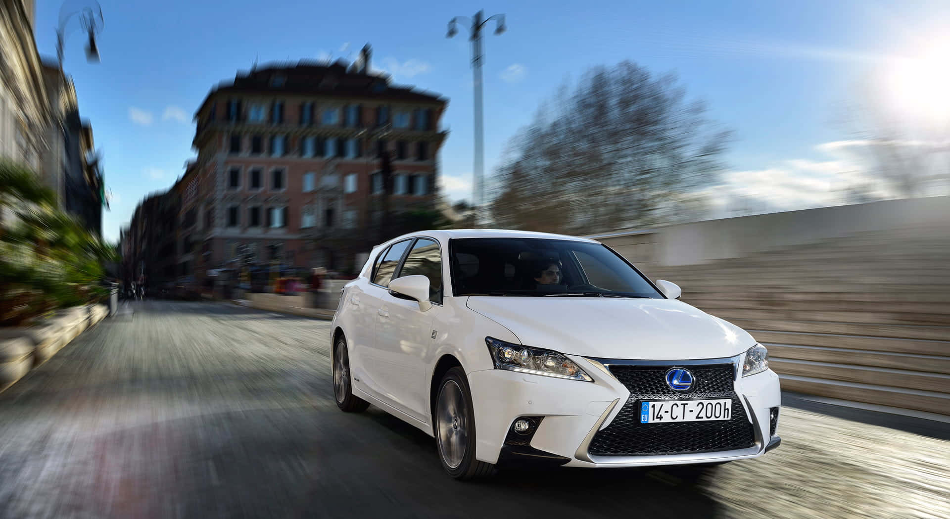 Lexus CT 200h, white, sunlit European street, Full HD Desktop Wallpaper