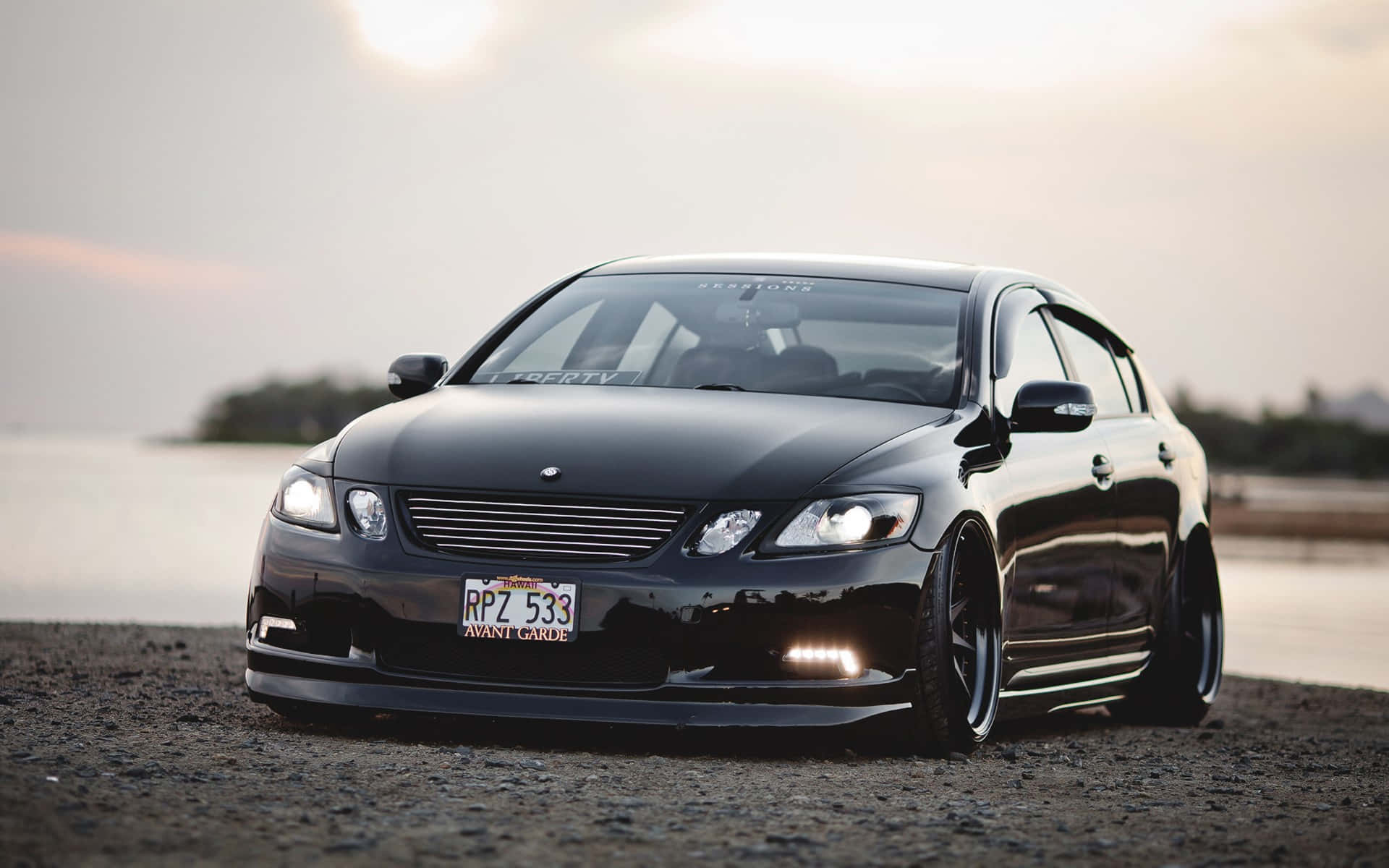 Lexus GS, glossy black, glowing headlights, Full HD Desktop Wallpaper