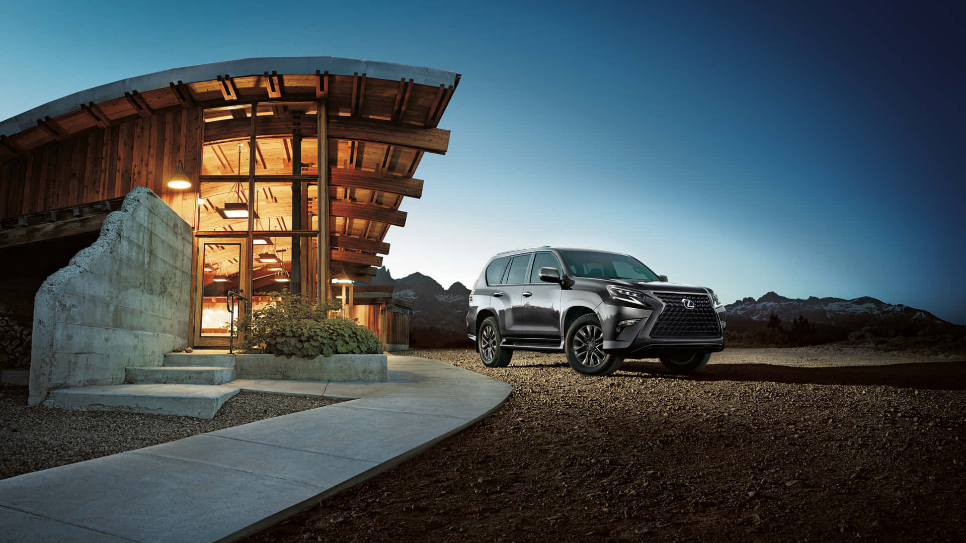 Lexus GX 460, silver, modern wooden cabin, Full HD Desktop Wallpaper