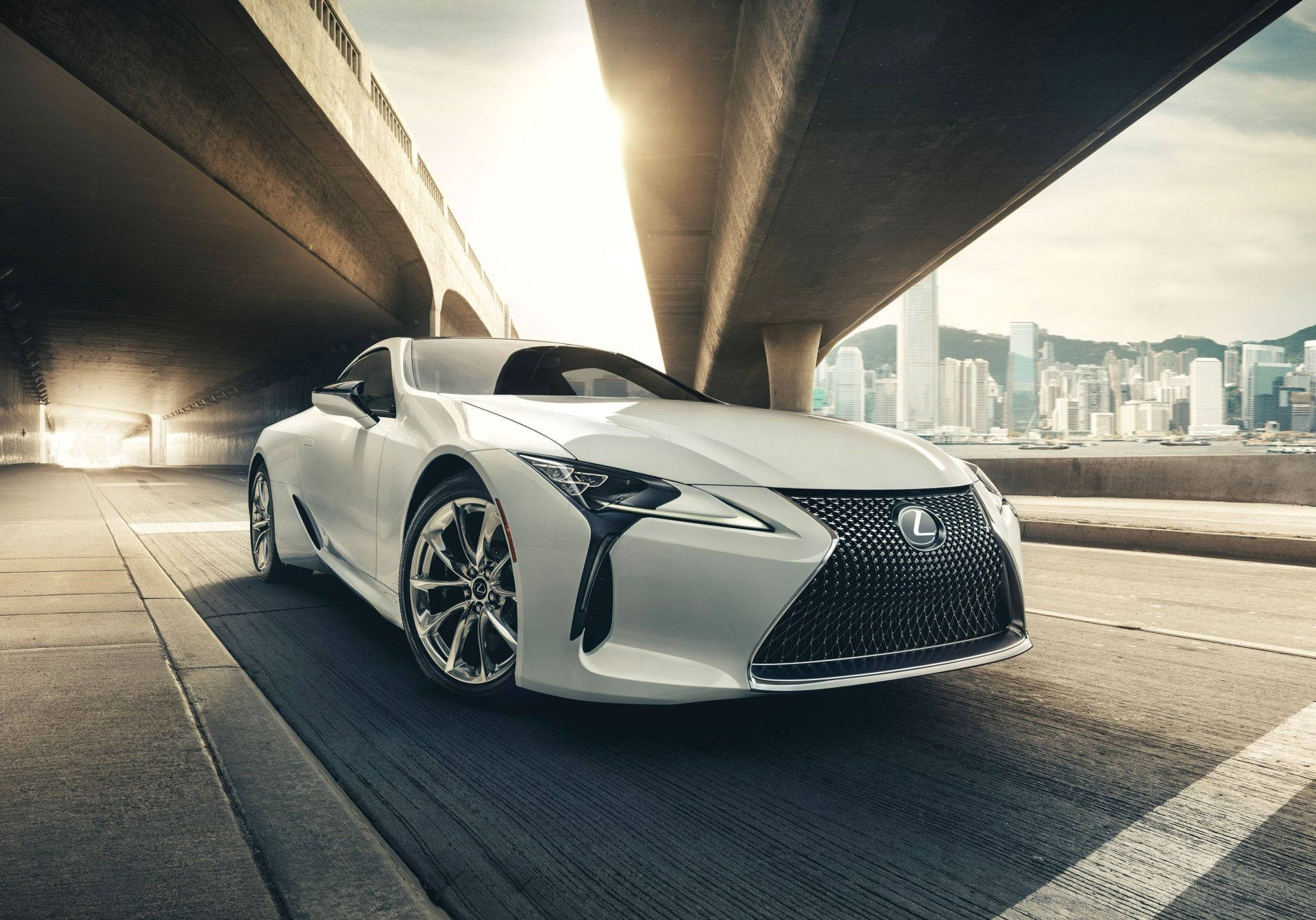Lexus Logo, white sports car, concrete overpass, Full HD Desktop Wallpaper