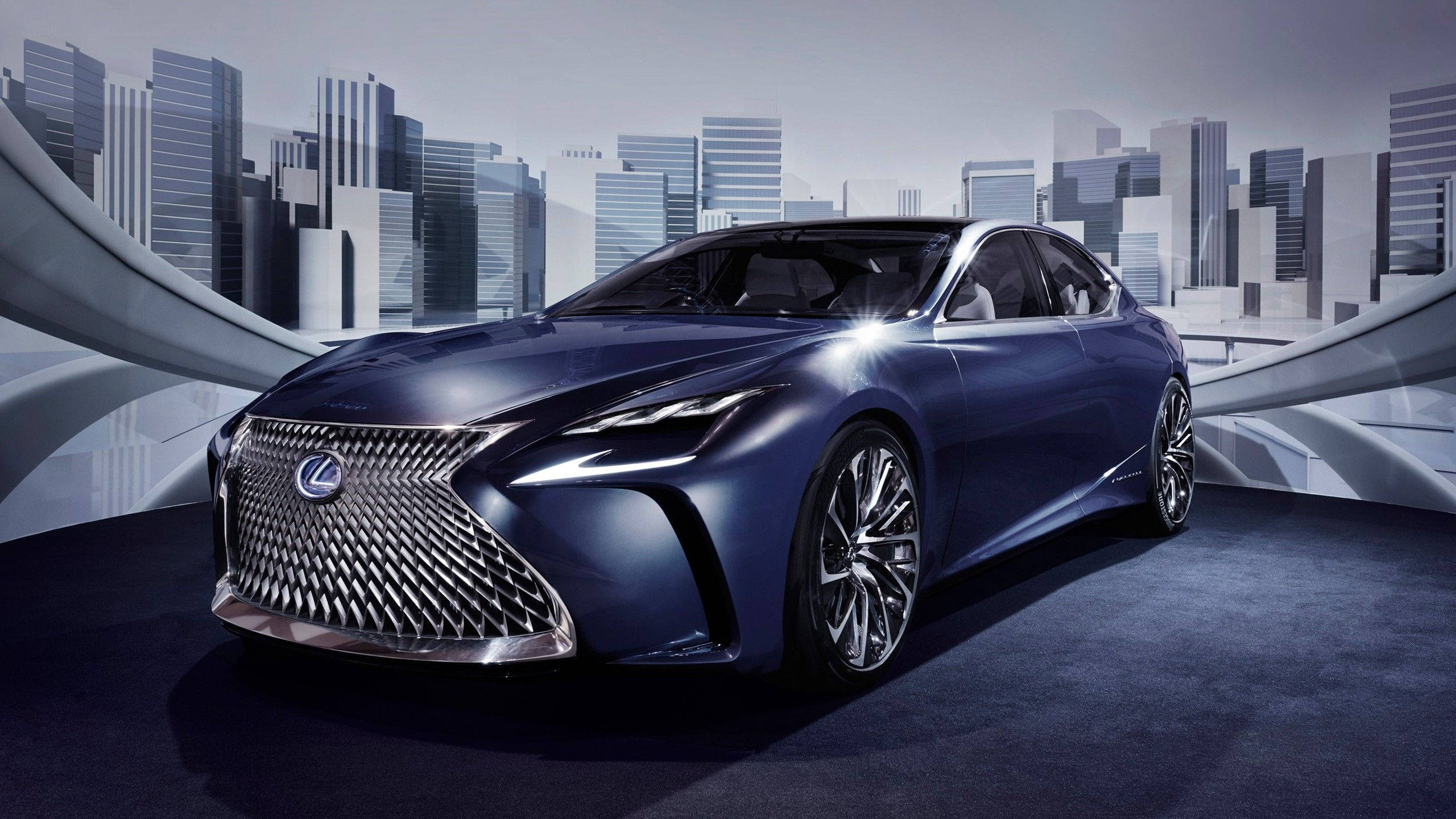 sleek blue Lexus sedan, studio lights, futuristic cityscape, 2K Desktop Wallpaper