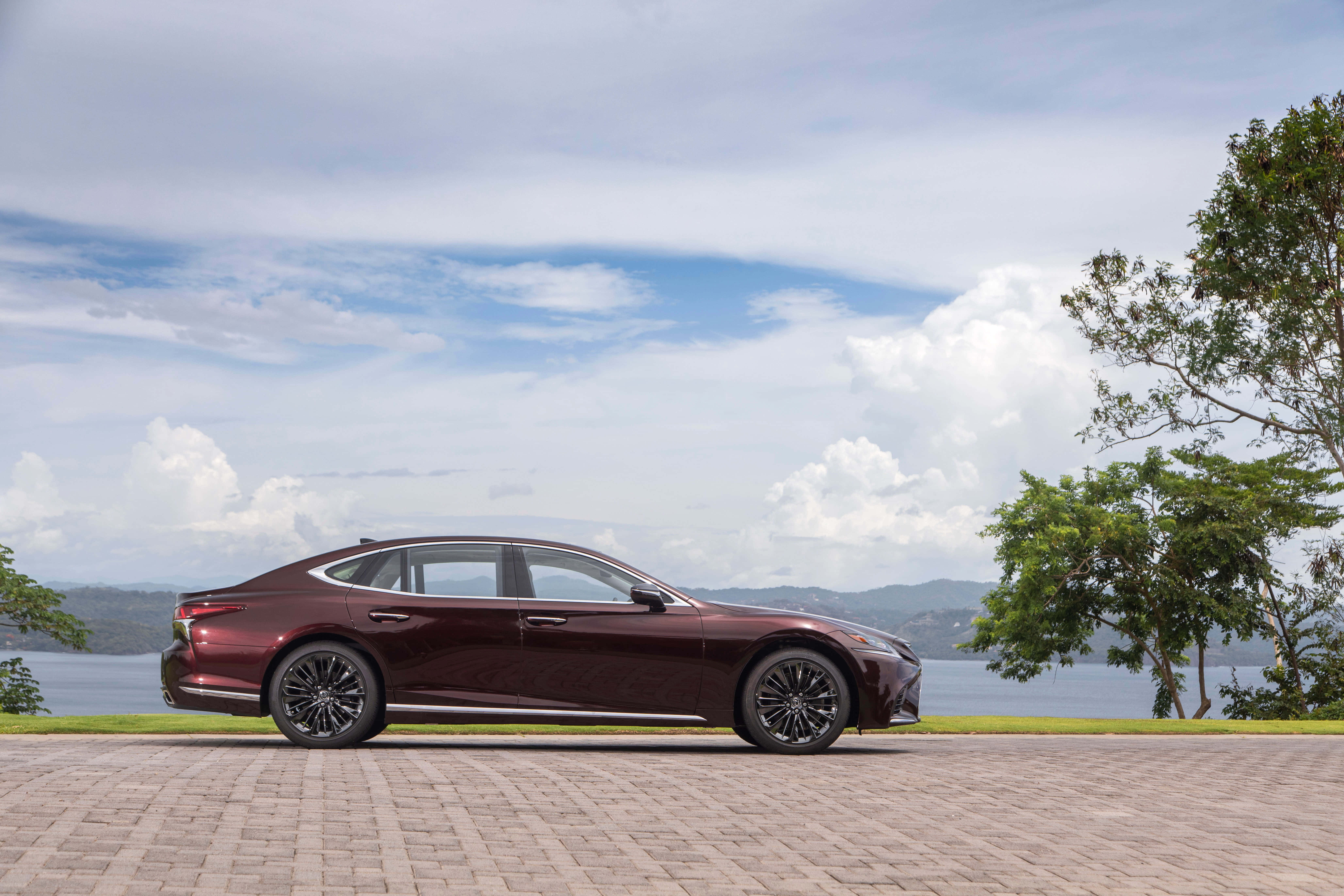 Lexus LS 500, maroon, brick driveway, 5K Desktop Wallpaper