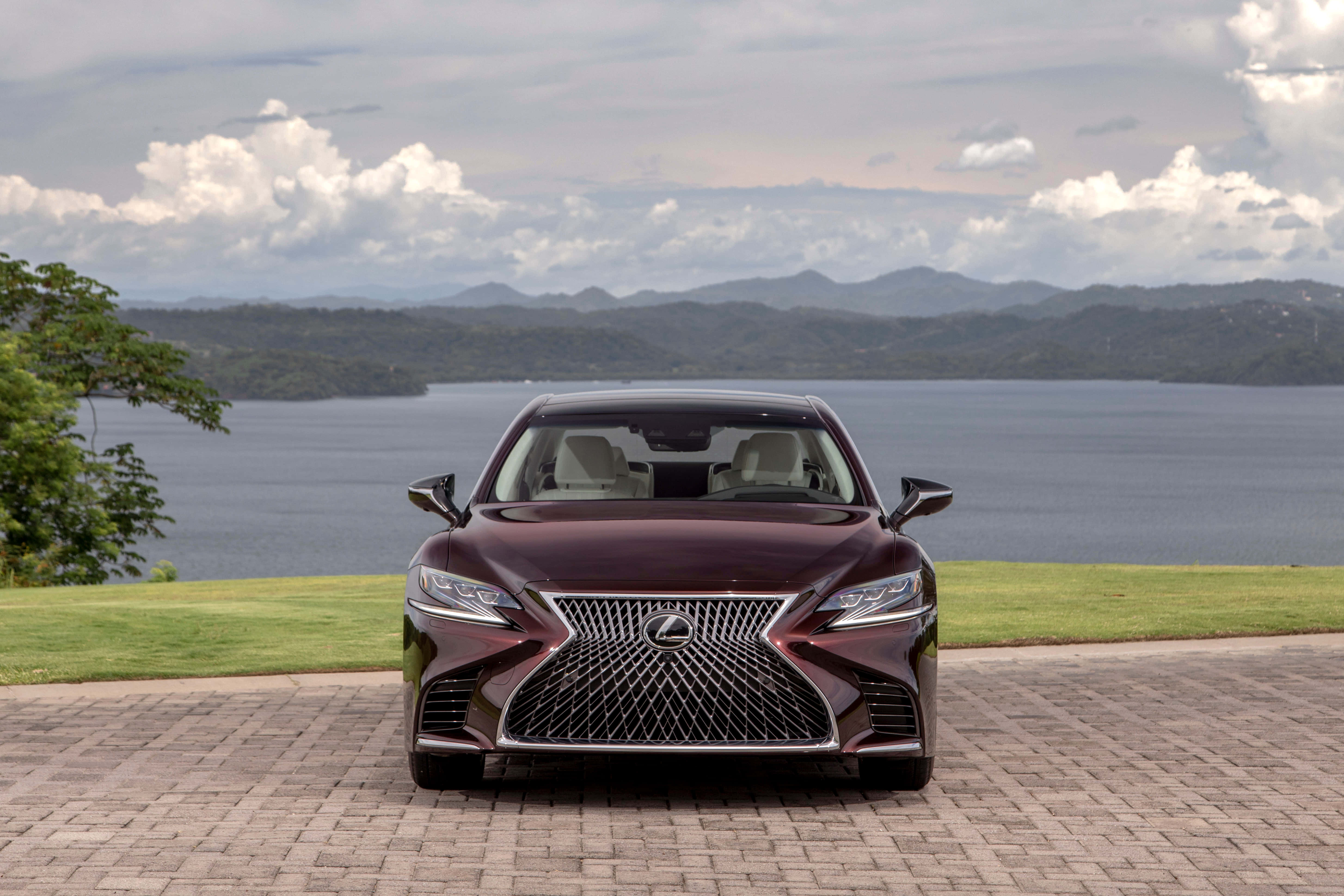 Lexus LS 500, maroon, brick driveway, 5K Desktop Wallpaper