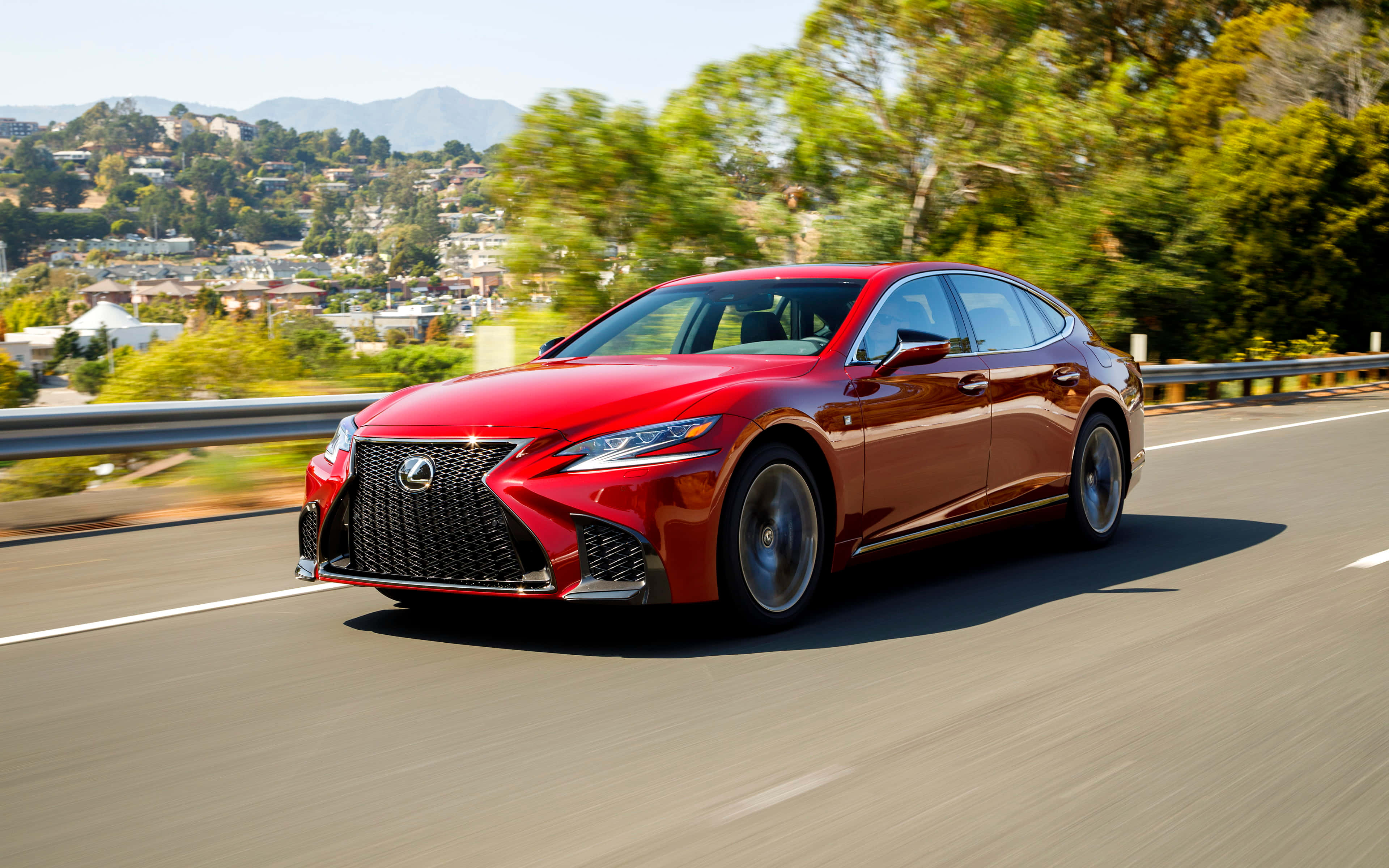 Lexus LS 500, red, sunlit highway, 4K Desktop Wallpaper