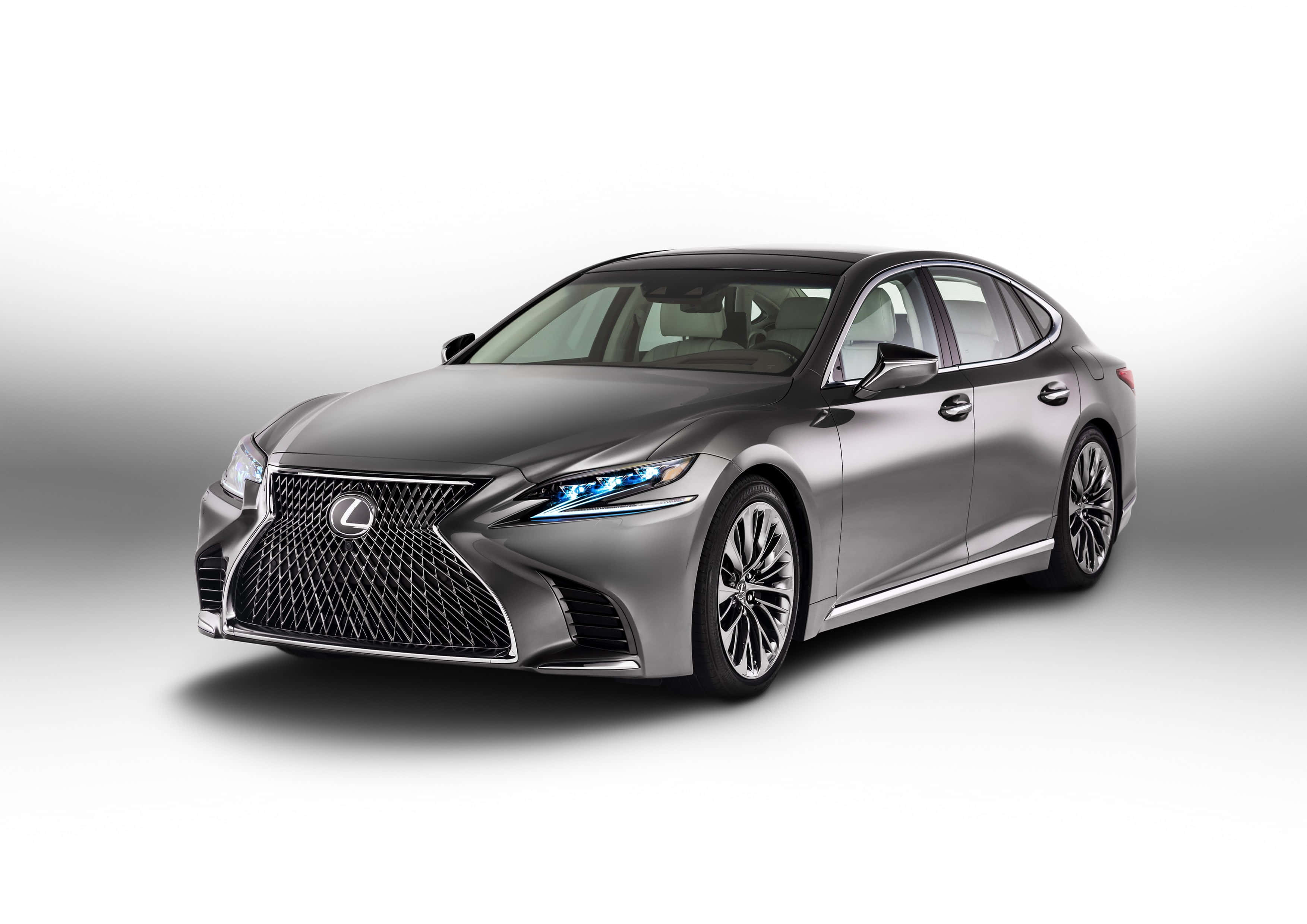 Lexus LS 500, silver, glowing blue headlights, 2K Desktop Wallpaper