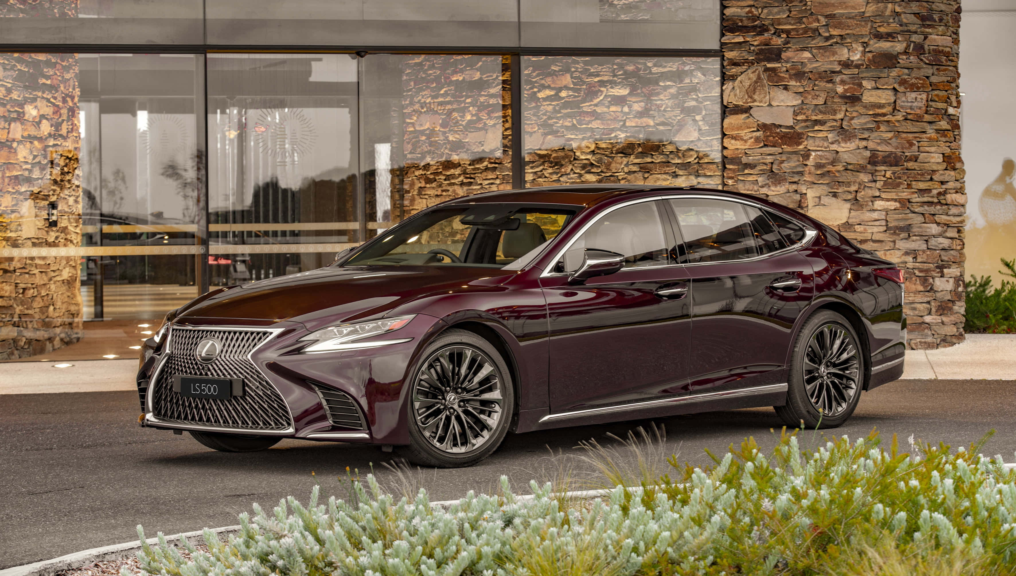 Lexus LS 500, maroon, daylight, 2K Desktop Wallpaper