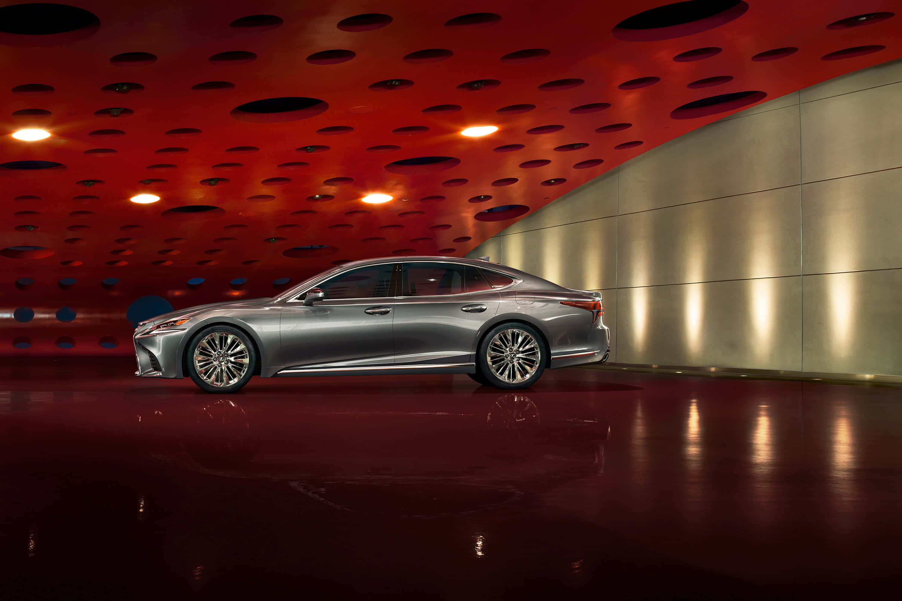 Lexus LS 500, silver, perforated red ceiling, 2K Desktop Wallpaper