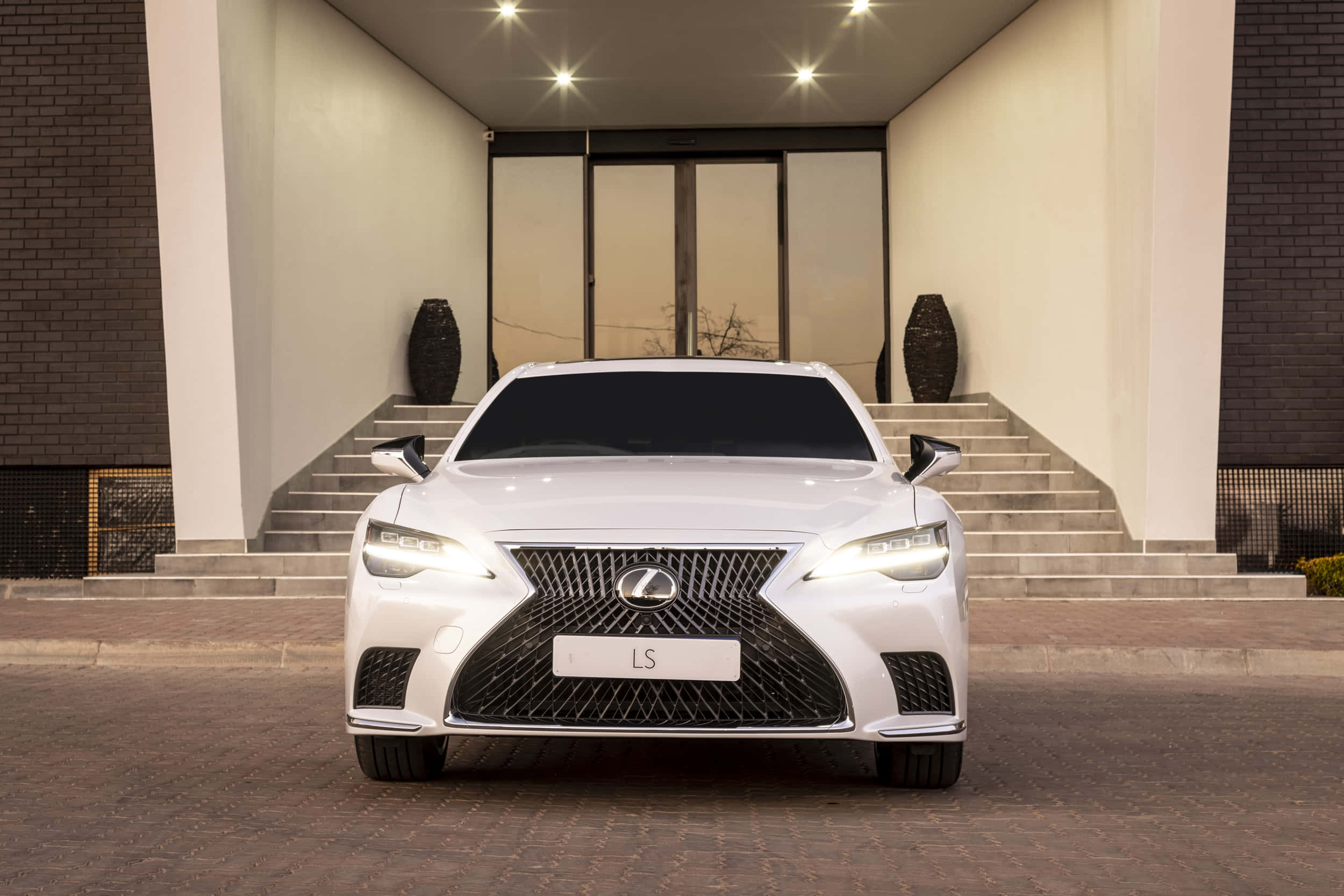 Lexus LS 500, white, modern building entrance, Full HD Desktop Wallpaper