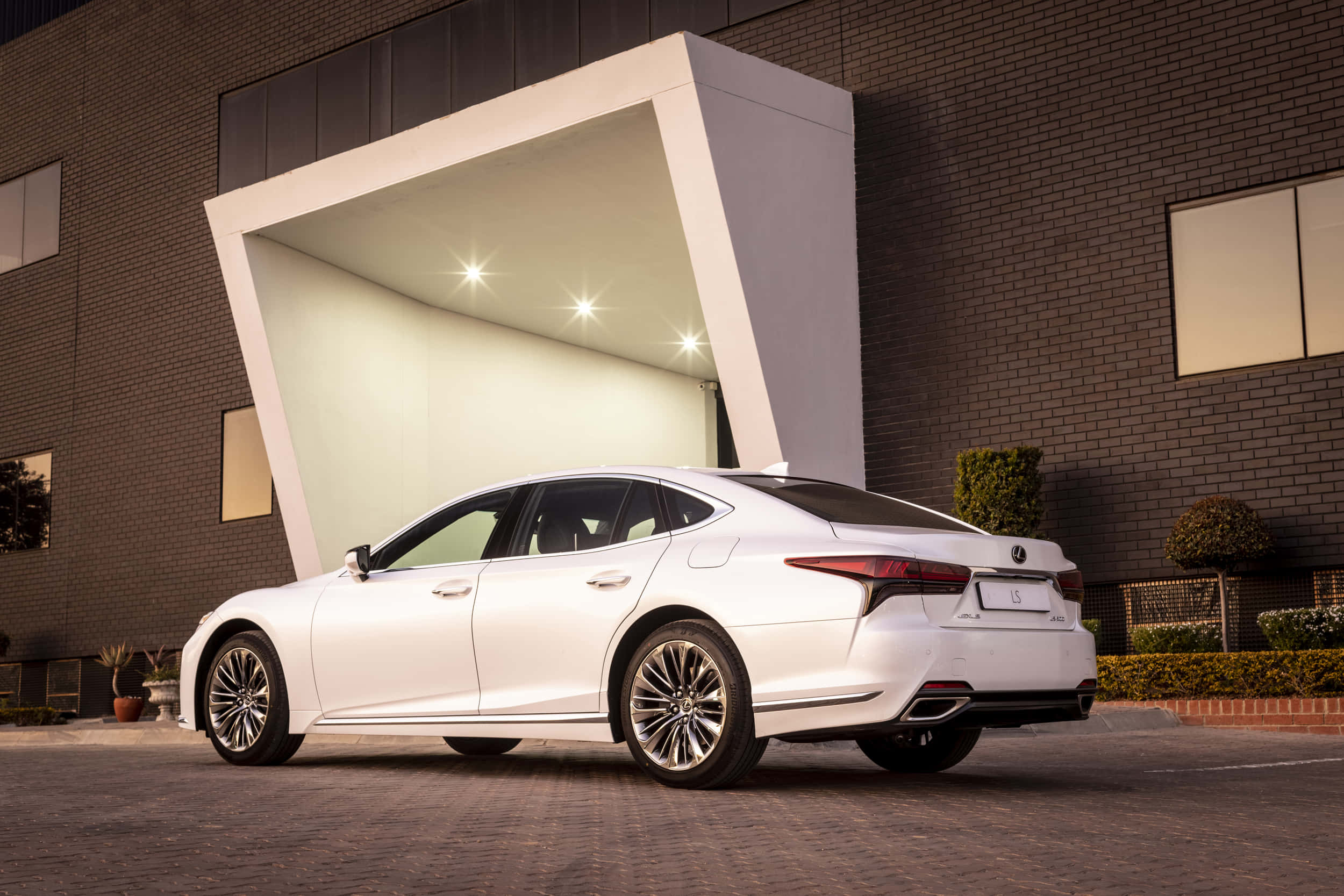 Lexus LS 500, white, modern white architectural canopy, Full HD Desktop Wallpaper