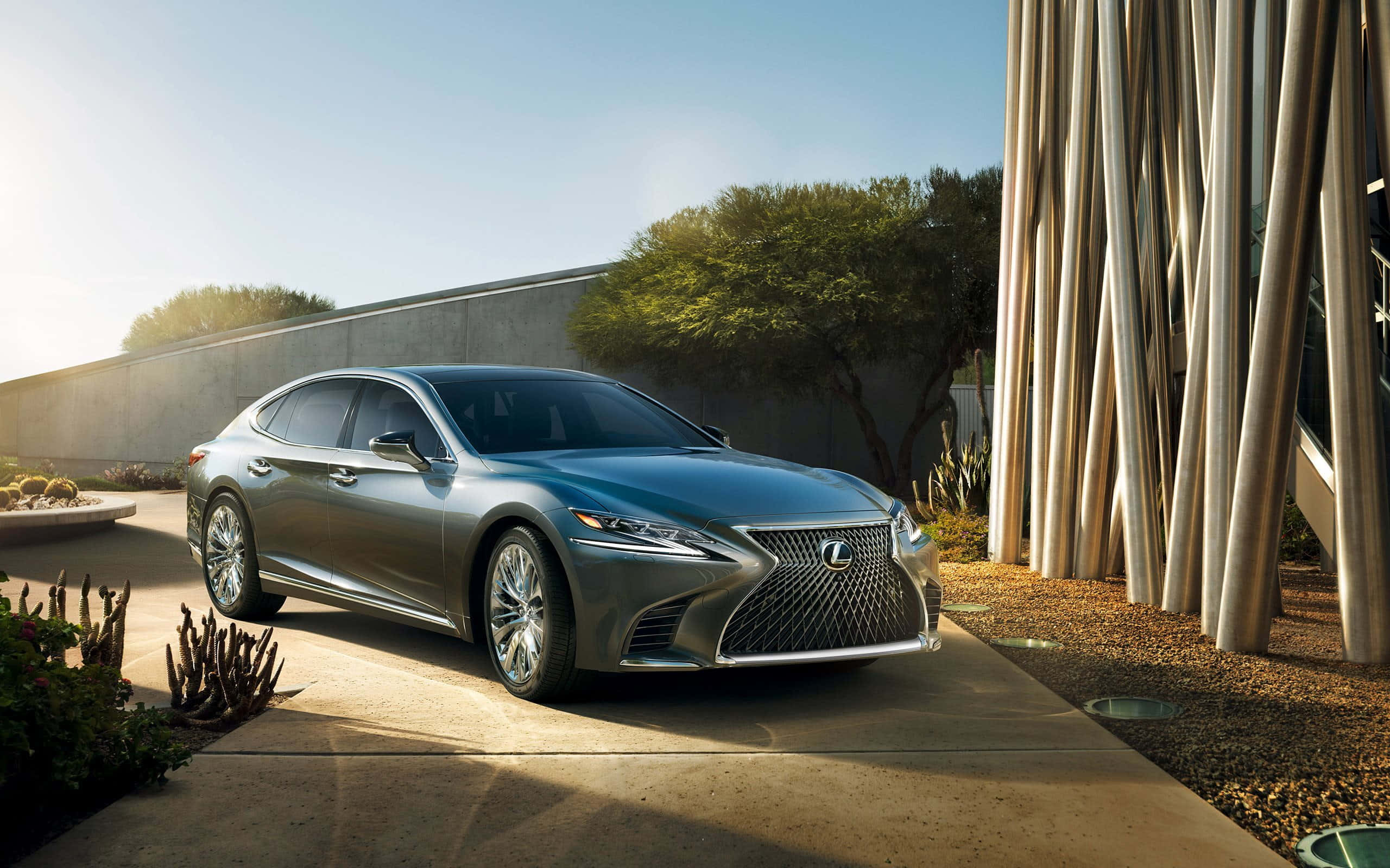Lexus LS 500, silver, sunlit concrete driveway, 2K Desktop Wallpaper