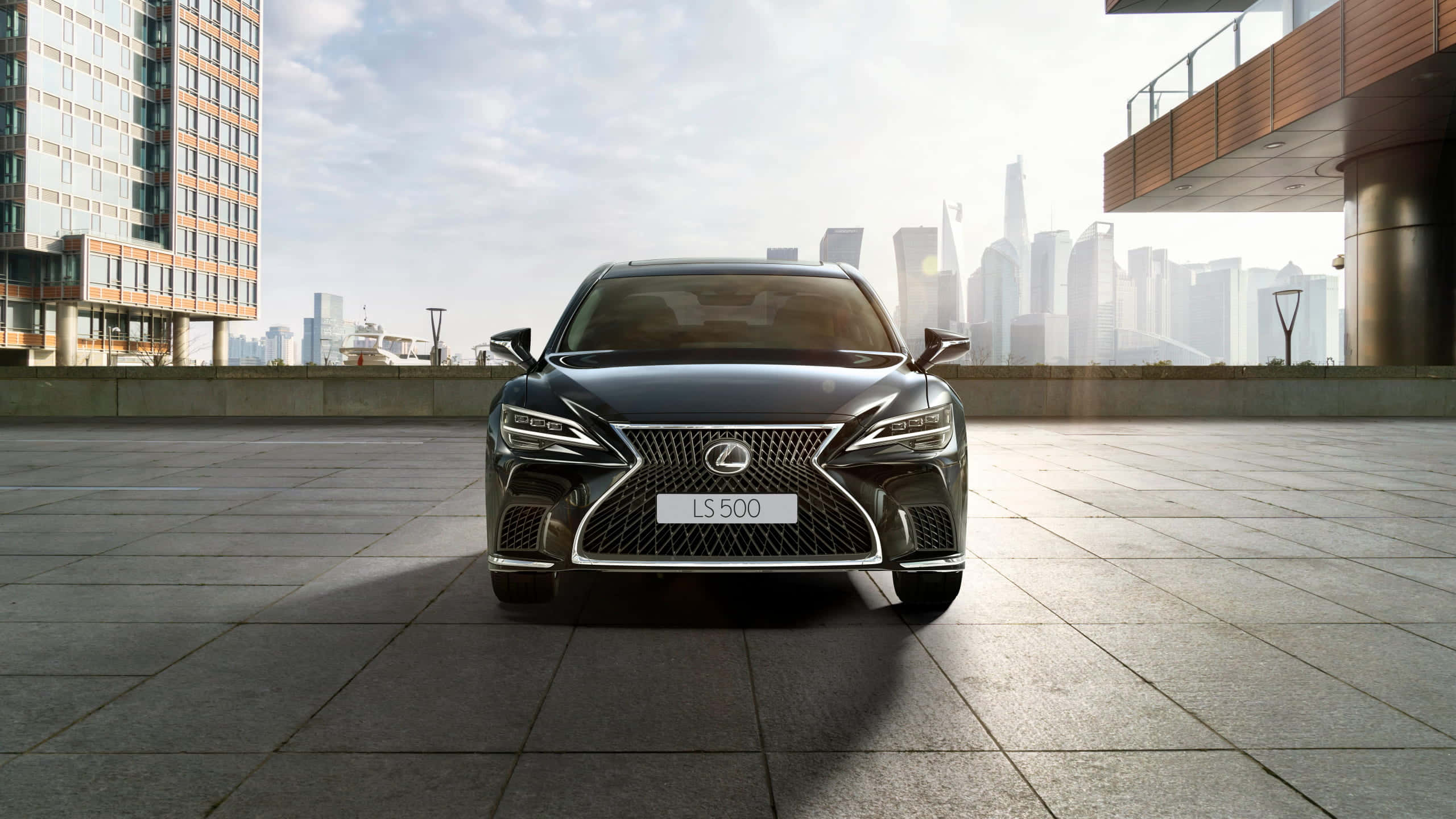 Lexus LS 500, black, tiled rooftop, 2K Desktop Wallpaper