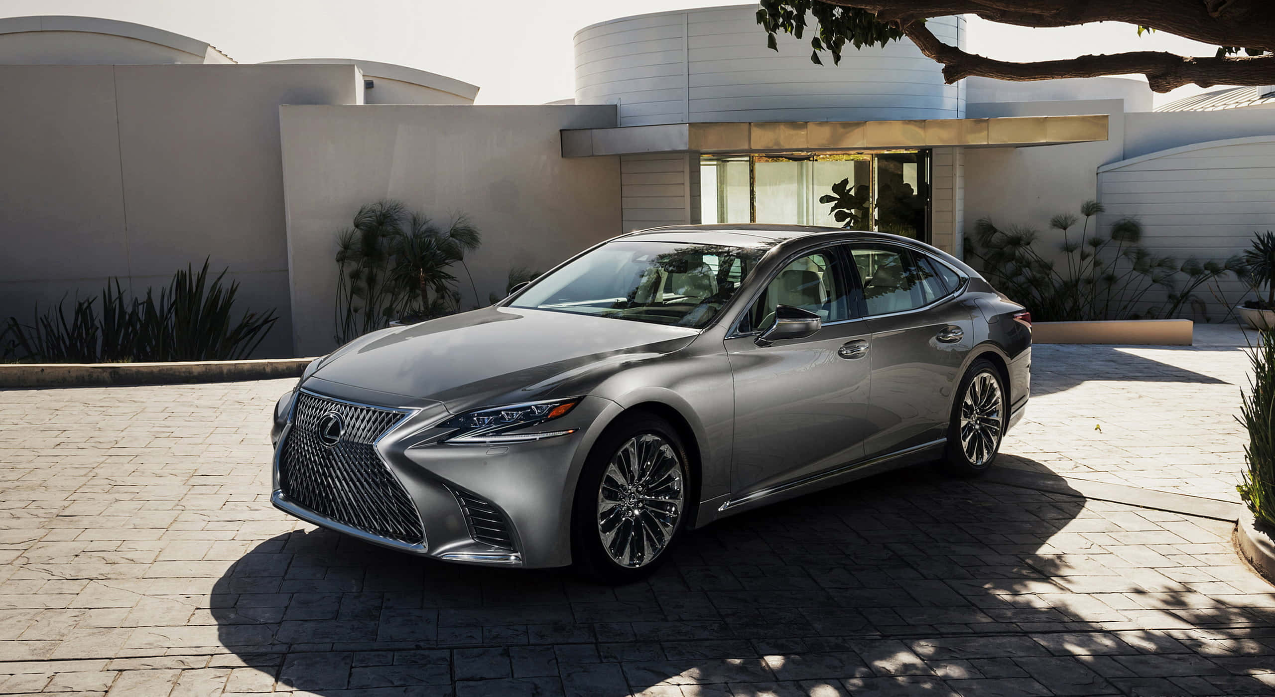 Lexus LS 500, silver, sunlit stone driveway, 2K Desktop Wallpaper