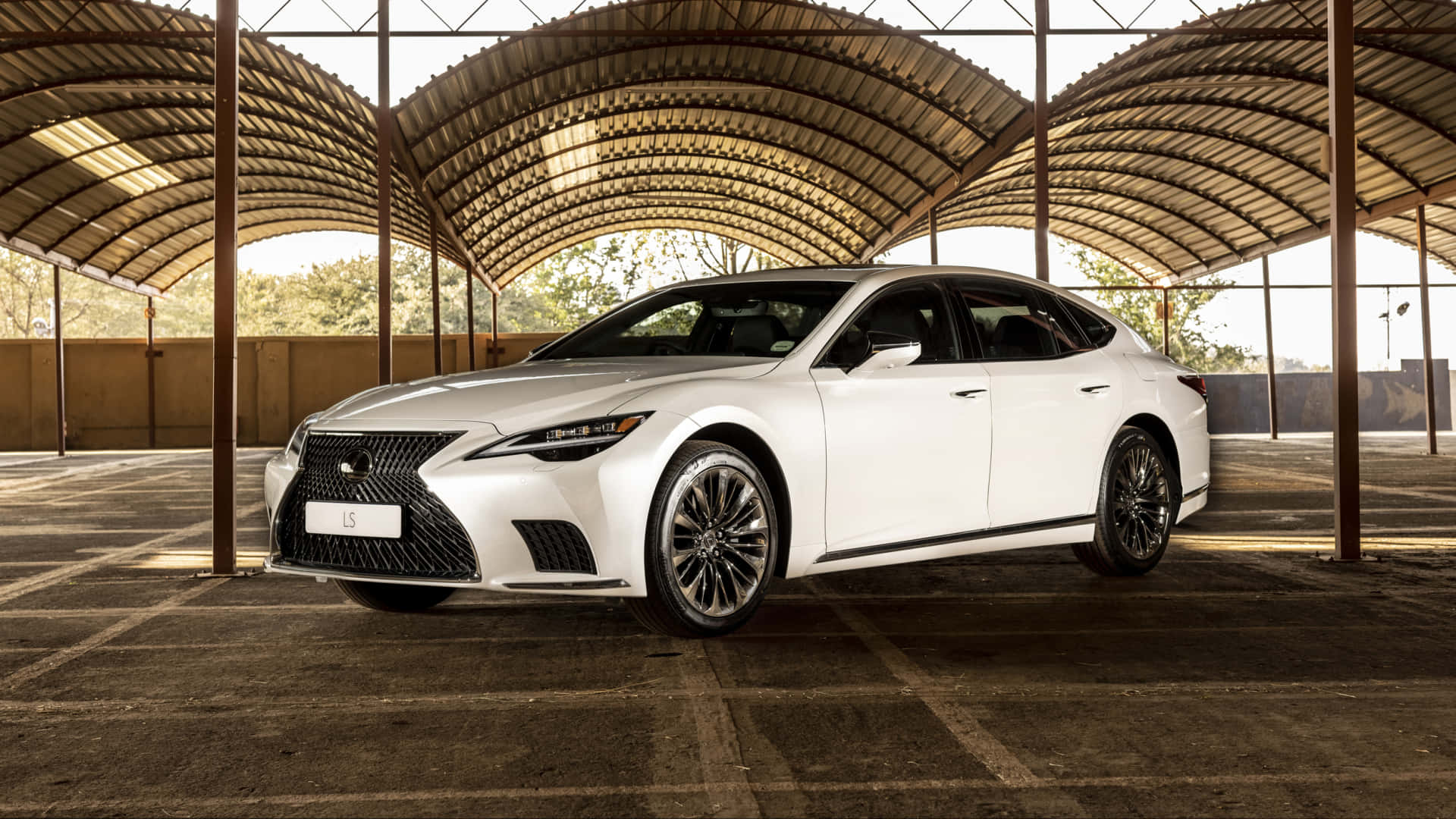 Lexus LS 500, white, metal-roofed parking structure, Full HD Desktop Wallpaper