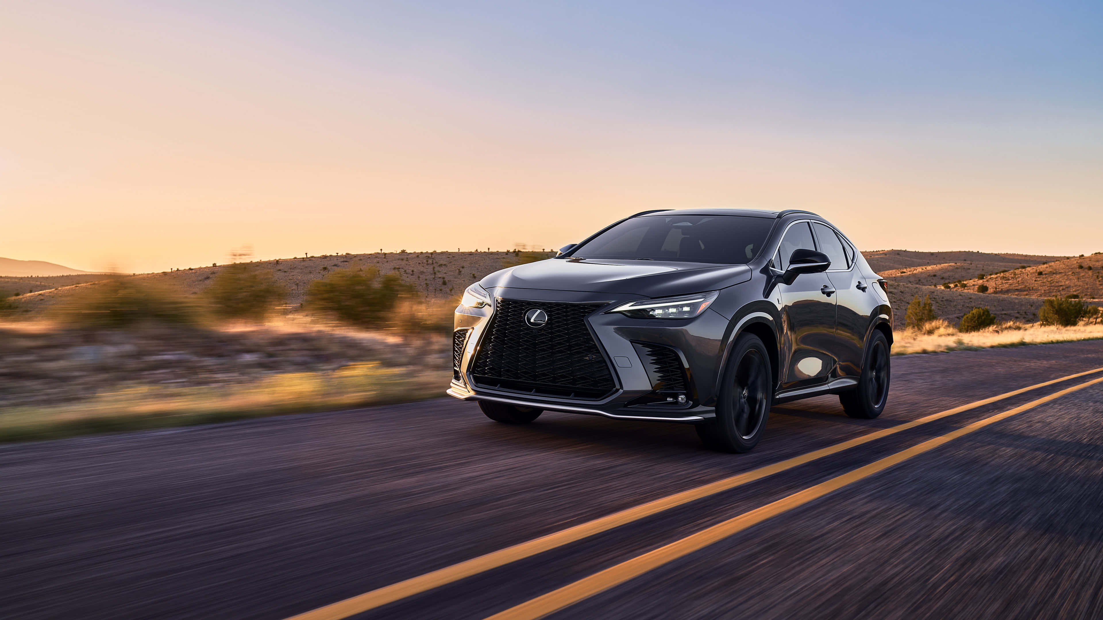 Lexus NX, desert highway, sunset, 4K Desktop Wallpaper