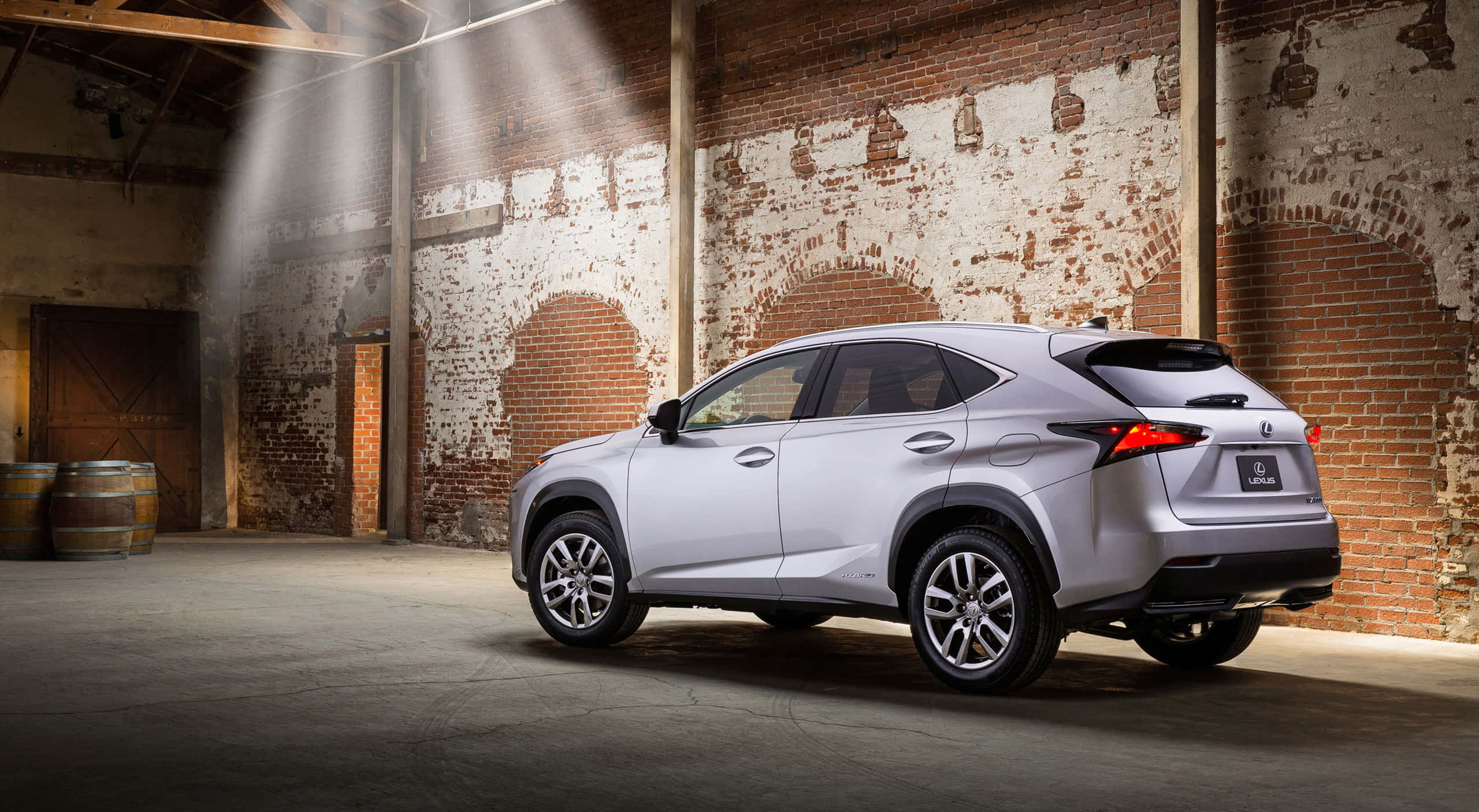2020 Lexus NX, silver, rustic brick warehouse, 2K Desktop Wallpaper