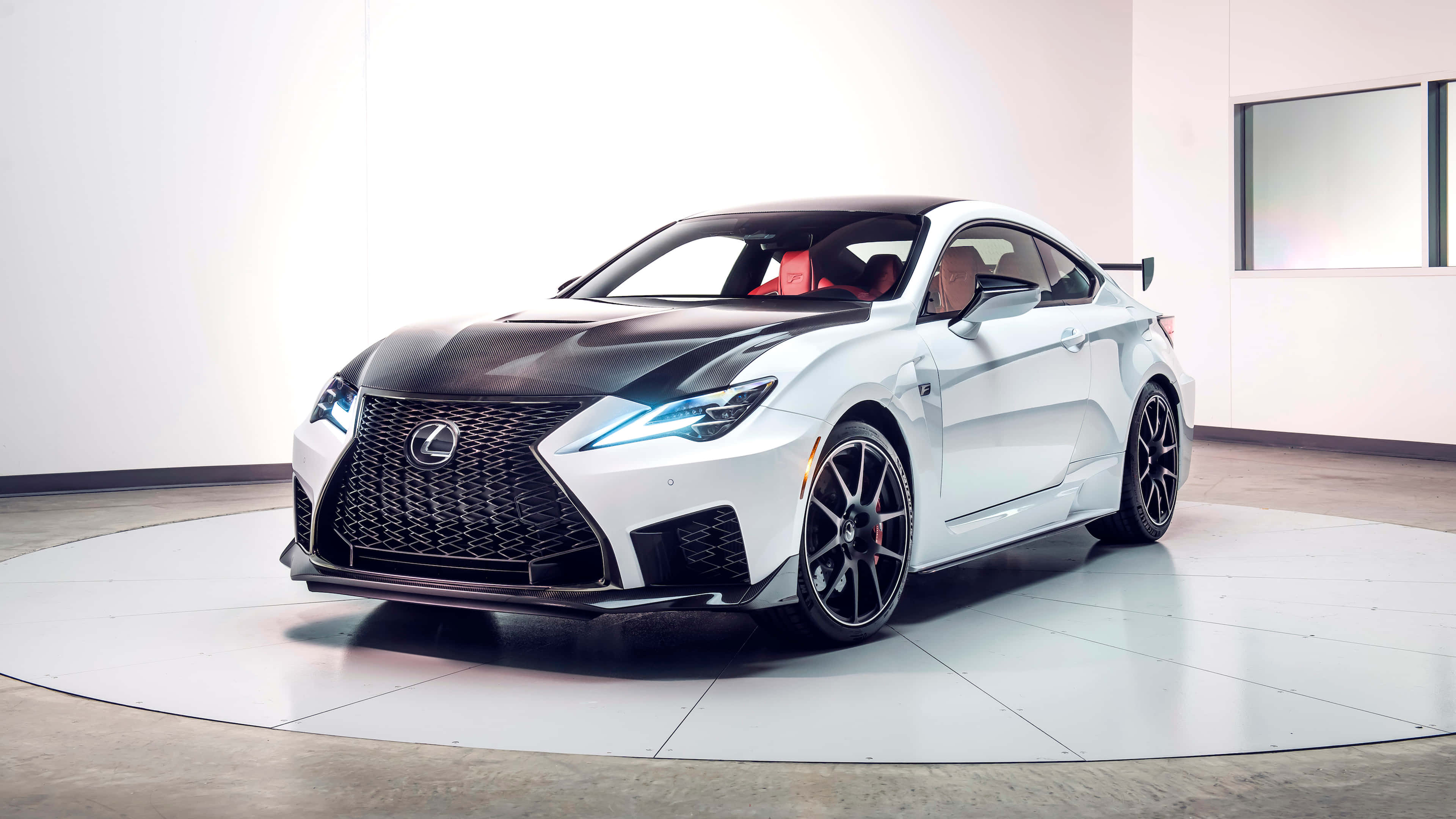 Lexus RC F, white and black, glowing blue headlights, 4K Desktop Wallpaper