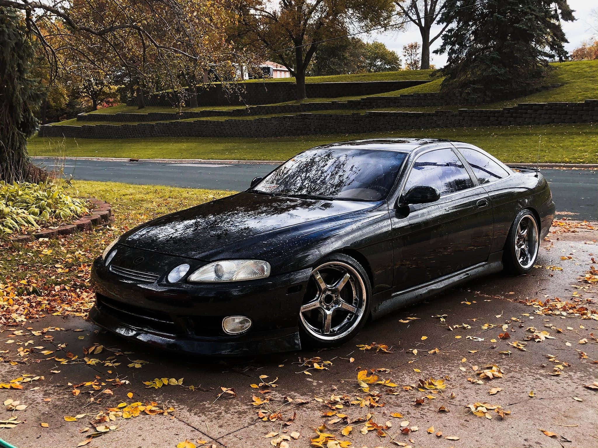 Lexus SC 300, black, leaf-strewn driveway, Full HD Desktop Wallpaper