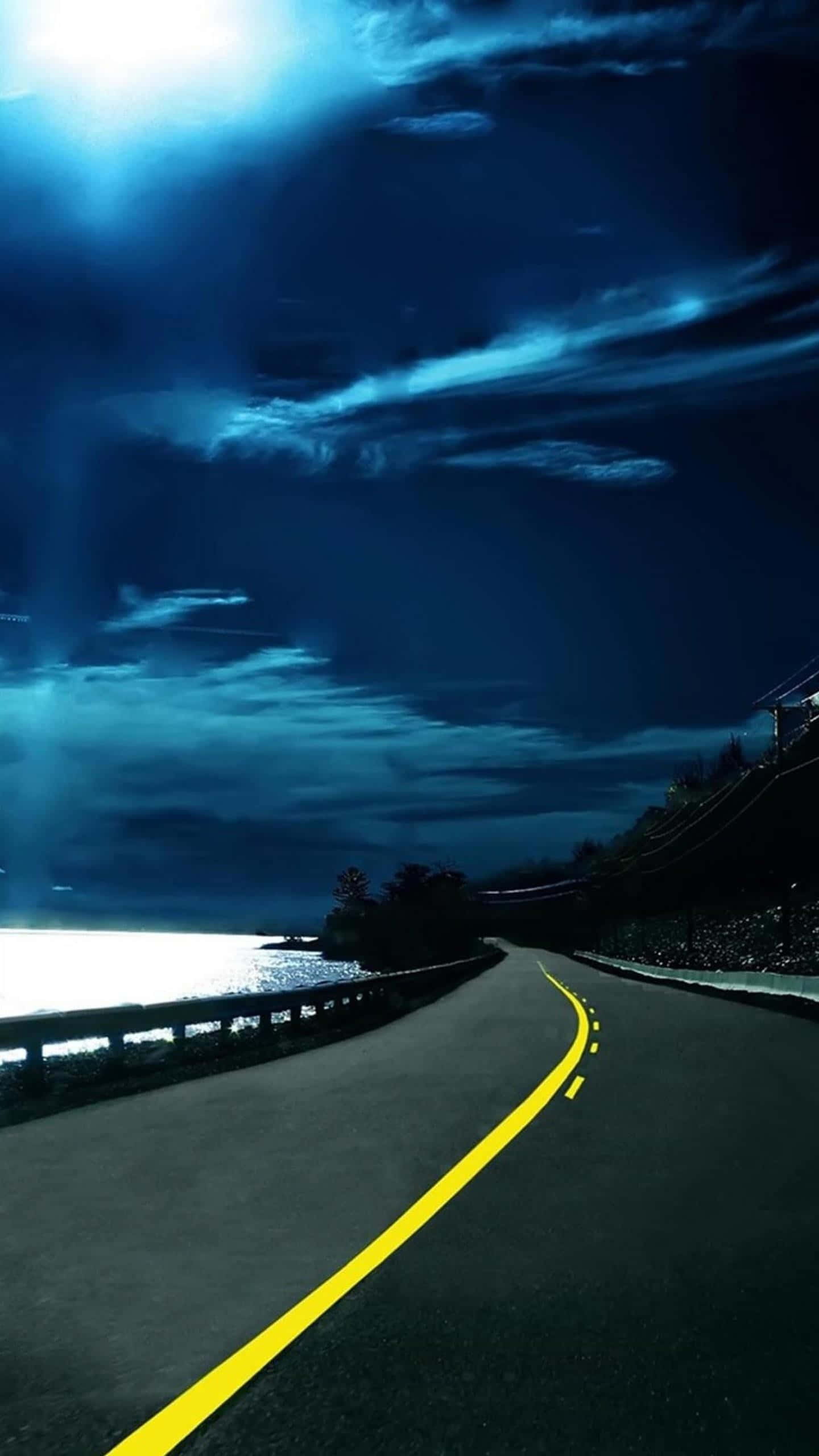 LG G4, dark shoreline, dramatic blue twilight sky, 2K Phone Wallpaper