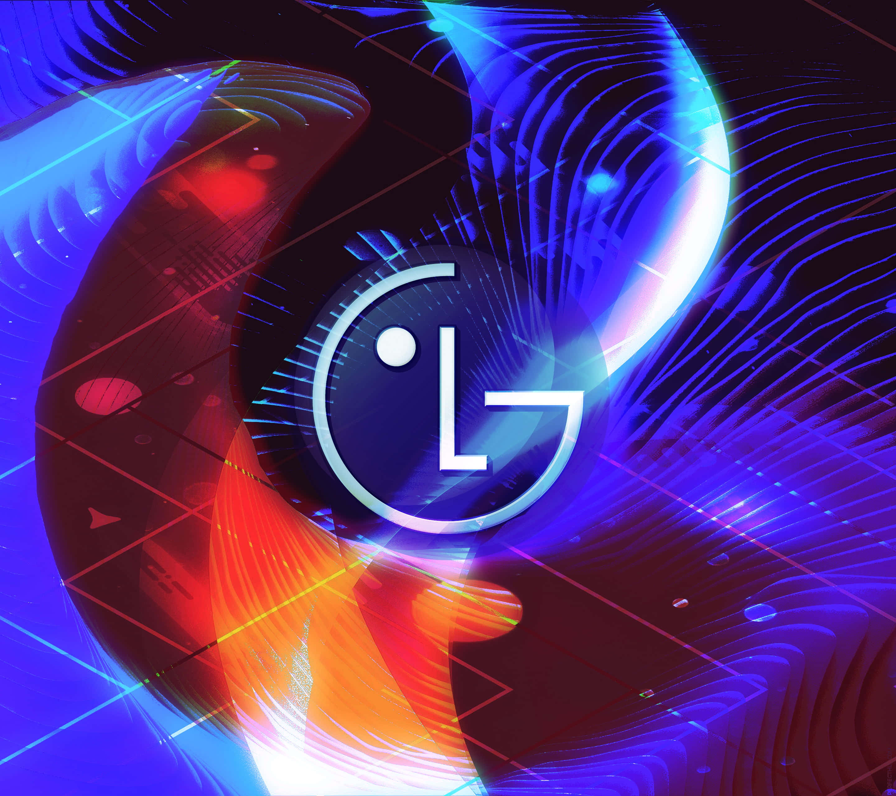 LG logo, electric blue, fiery orange, 2K Desktop Wallpaper