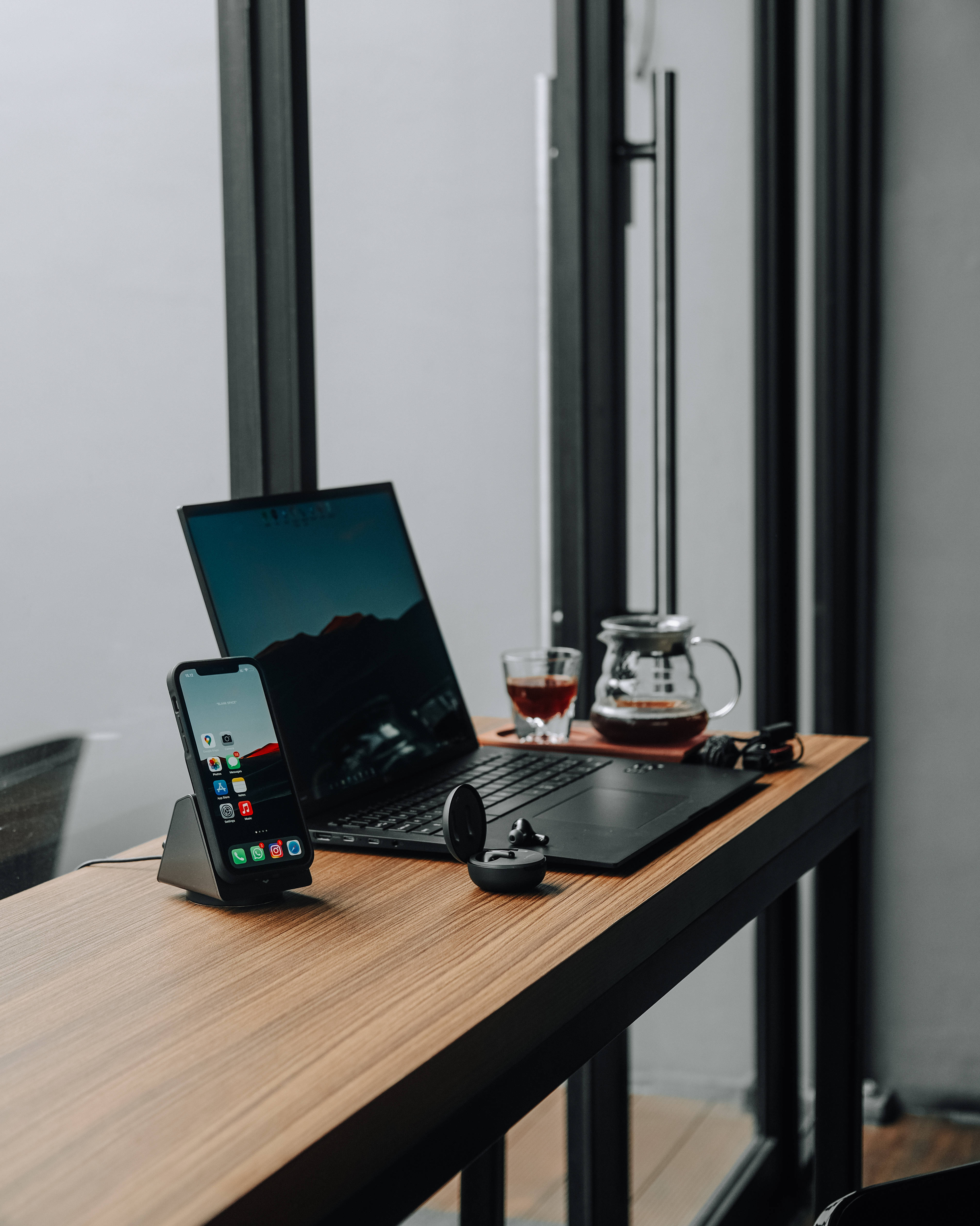 LG Phone, wooden desk, laptop, 4K Phone Wallpaper